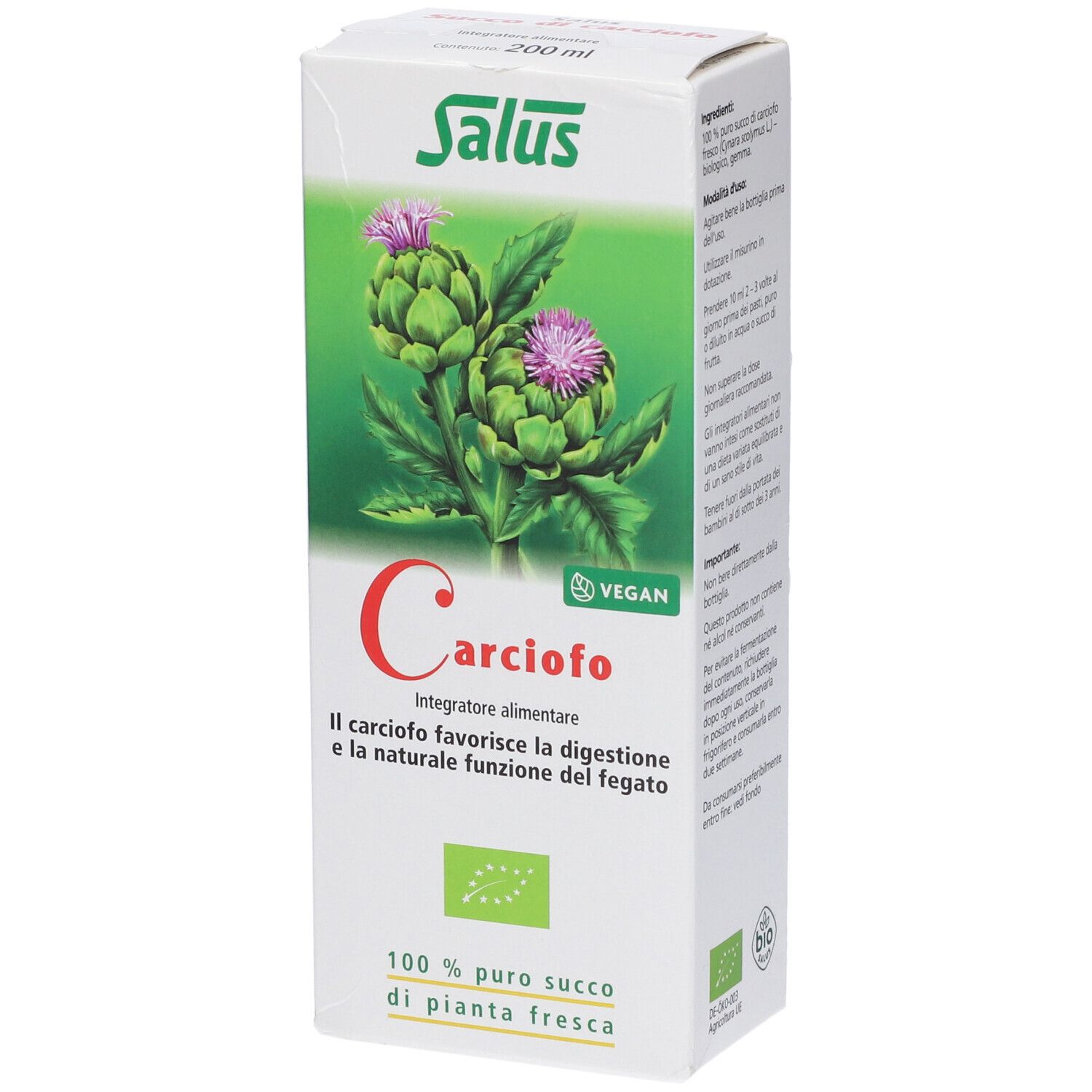 Scatola bianca con motivo carciofo. Testo: Carciofo, Vegan, marchio Bio. 200 ml.