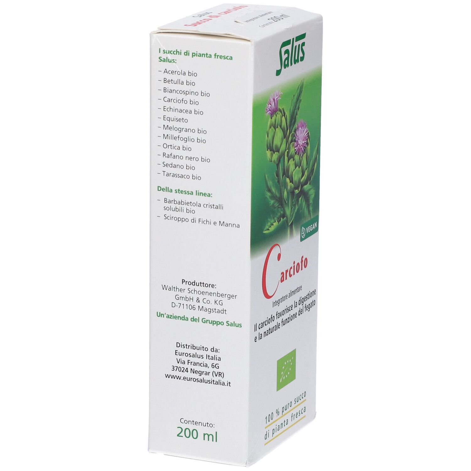 Scatola bianca, vista laterale. Testo: Salus, Carciofo, 200 ml. Elenco ingredienti.
