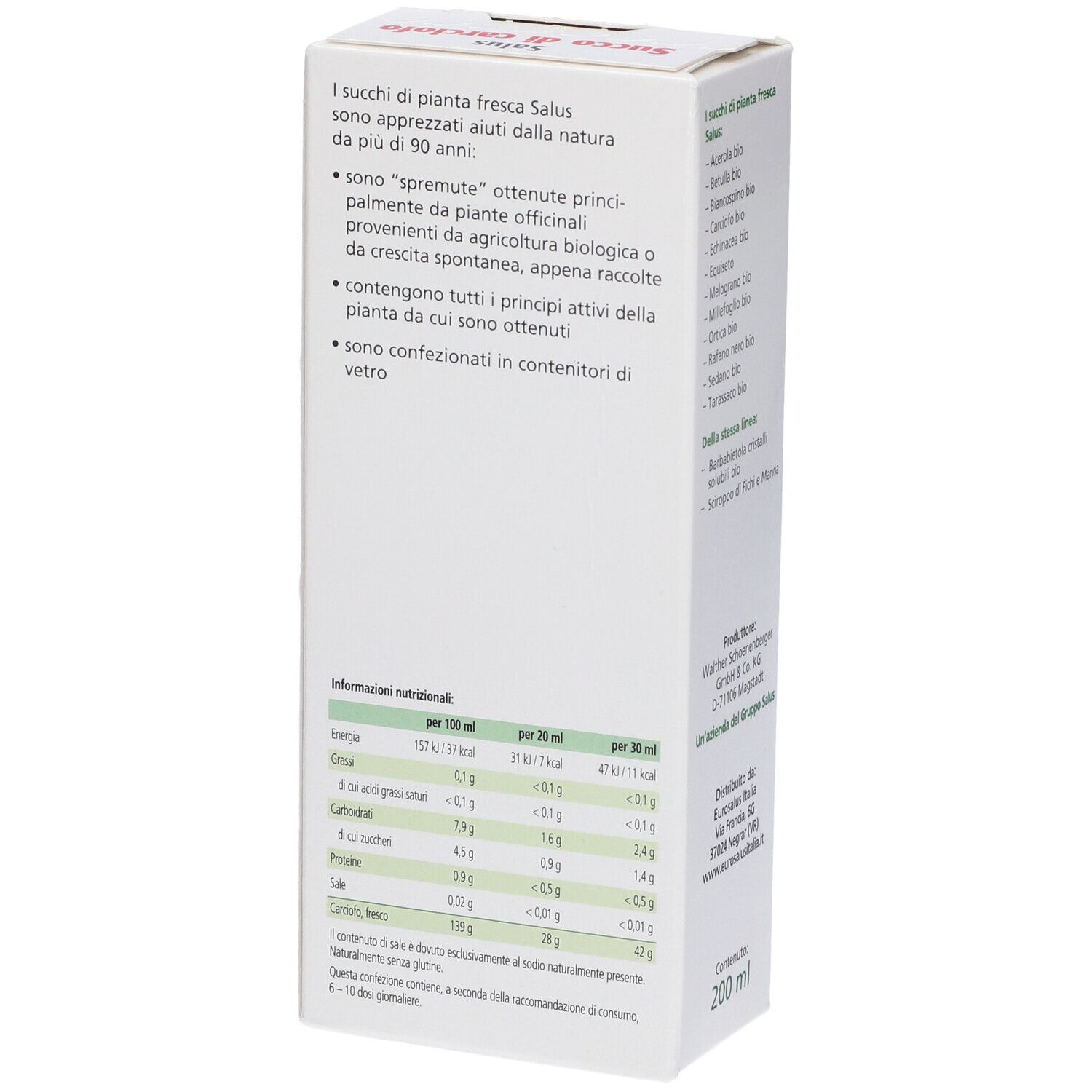 Scatola bianca, retro. Testo: Informazioni nutrizionali, 200 ml. Elenco ingredienti.