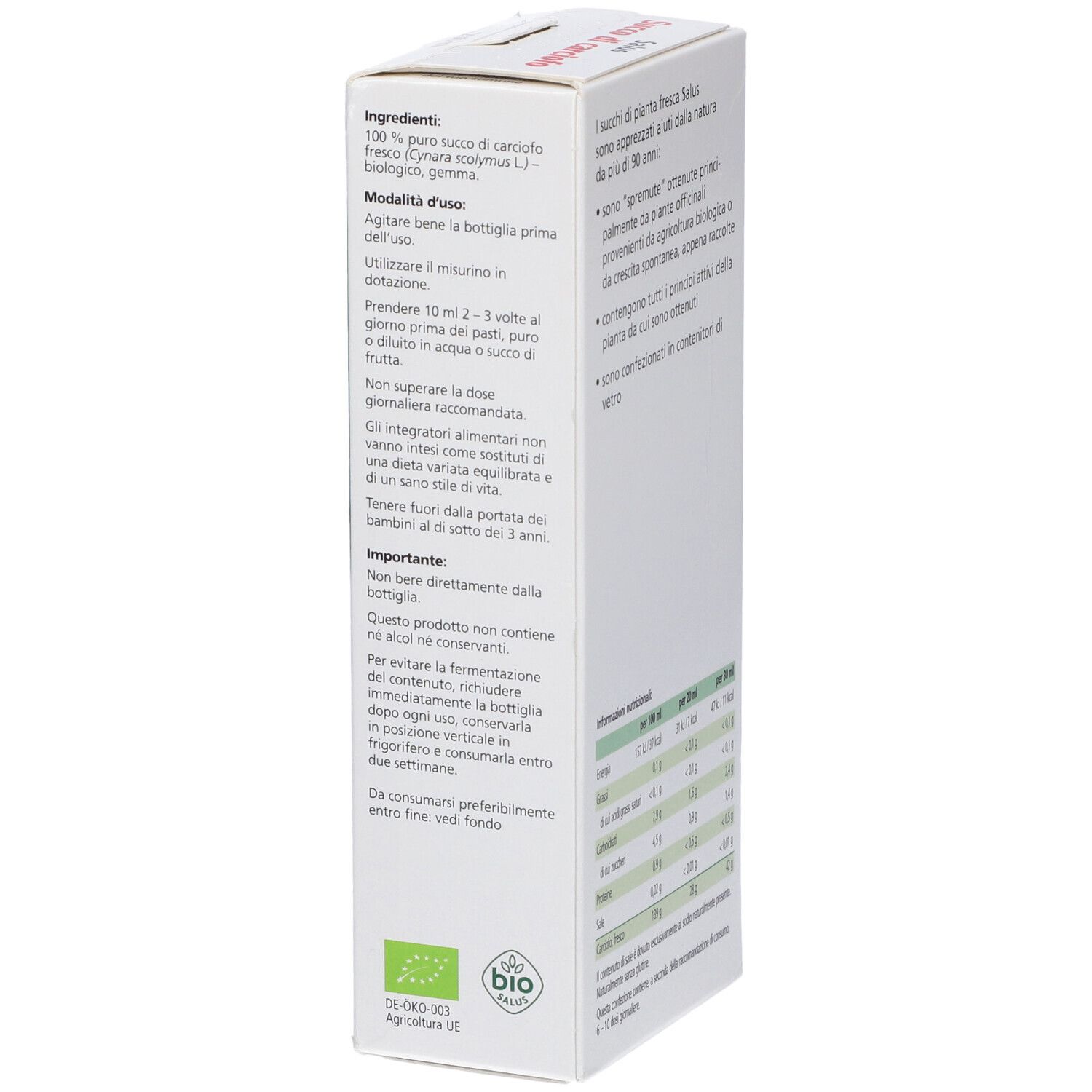Scatola bianca, retro. Testo: Istruzioni per l'uso, marchio Bio. 200 ml.