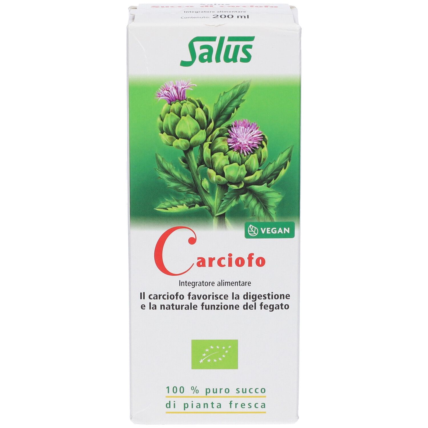 Scatola bianca con motivo carciofo. Testo: Carciofo, Vegan, marchio Bio. 200 ml.