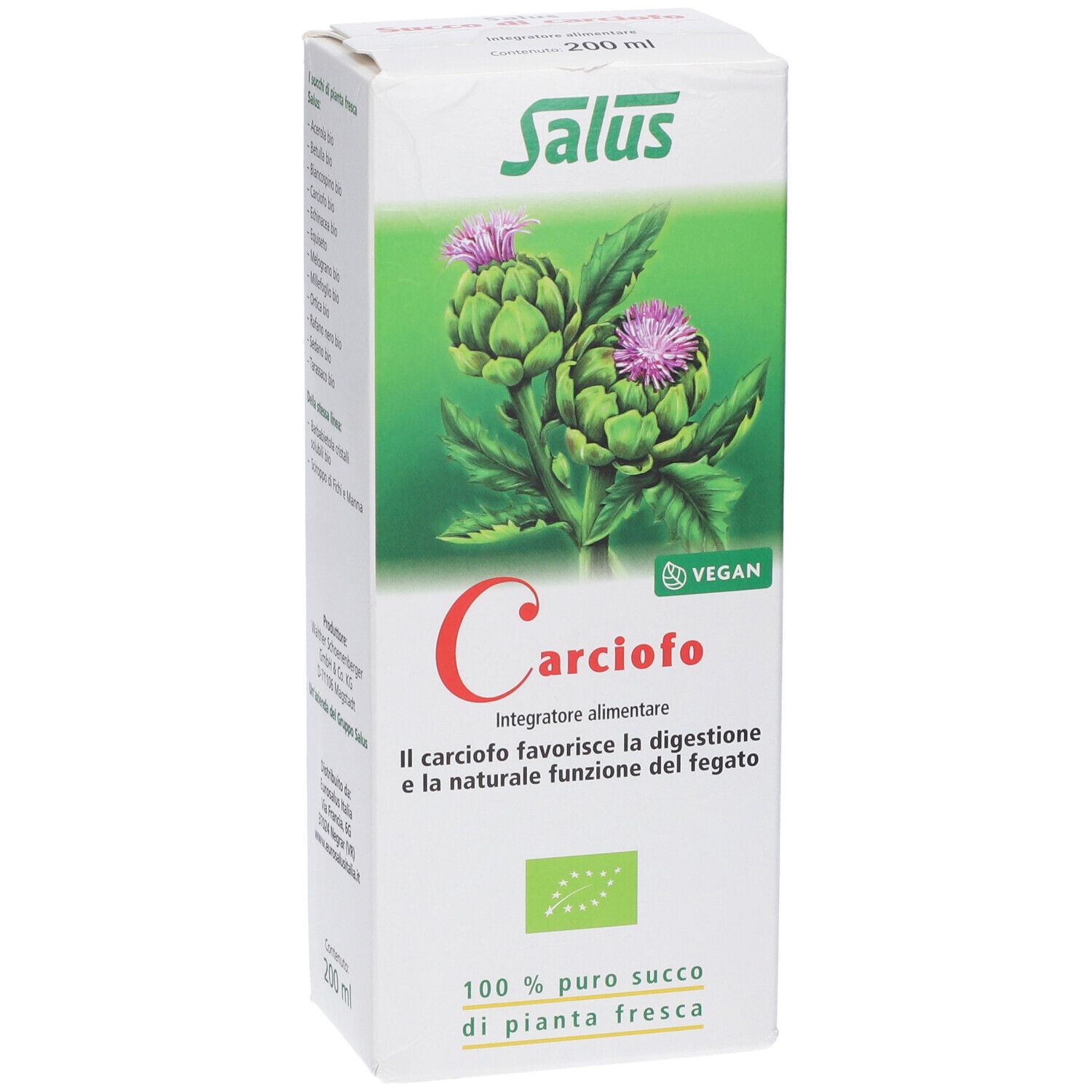 Scatola bianca con motivo carciofo. Testo: Carciofo, Vegan, marchio Bio. 200 ml.