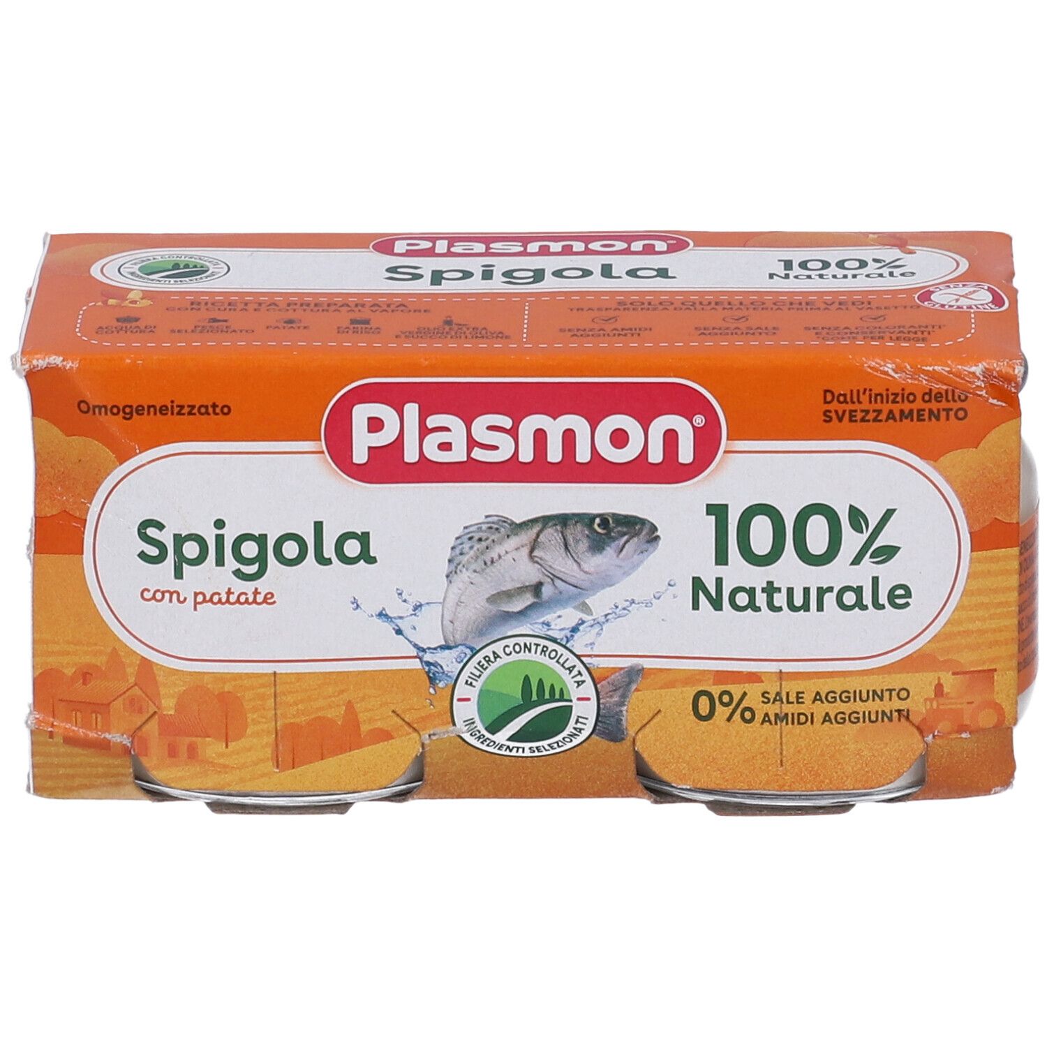 Verpackung mit Gläsern Plasmon Spigola, 100% natürlich. Fisch- und Kartoffelpüree. 0% Salz, keine Stärke.