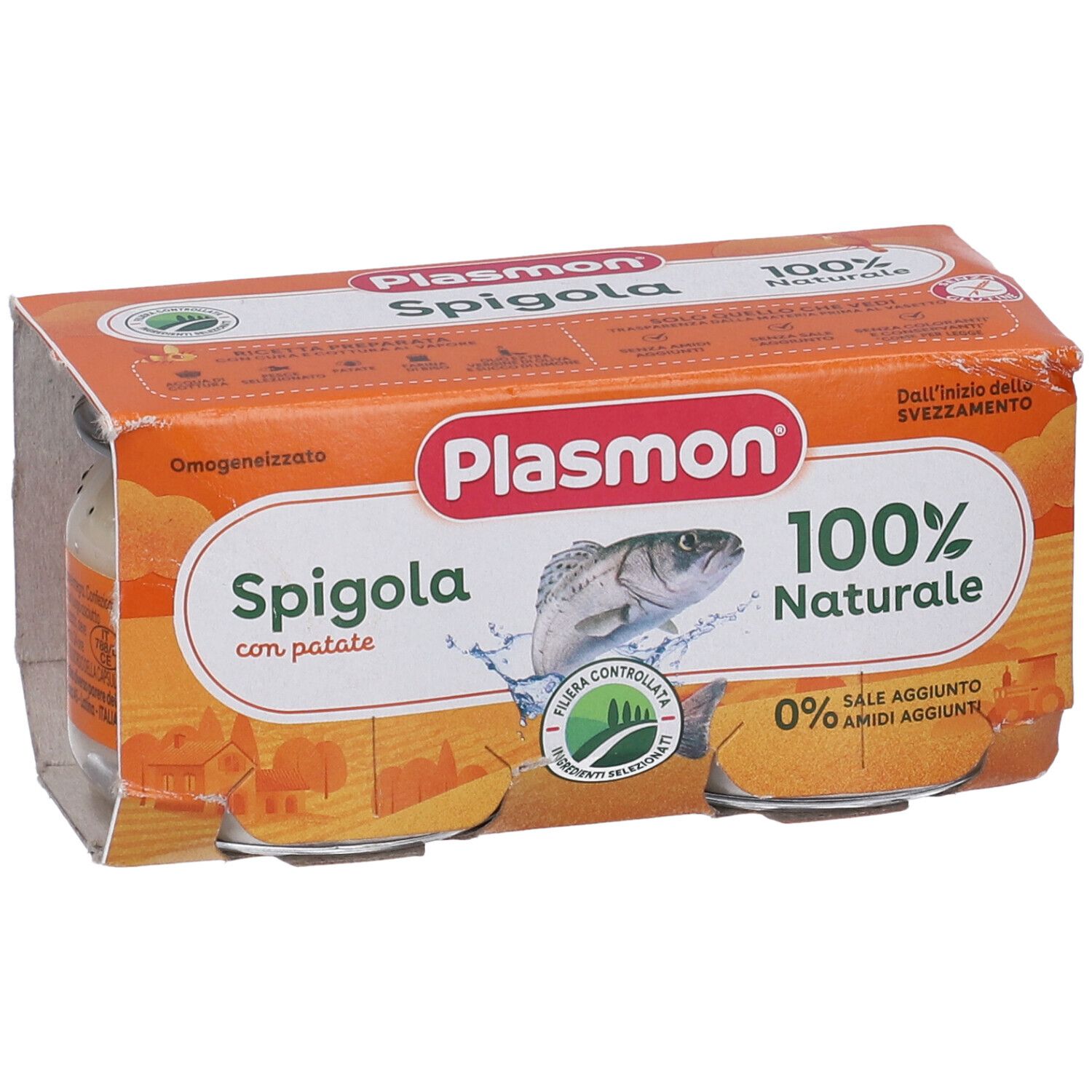 Verpackung mit Gläsern Plasmon Spigola, 100% natürlich. Fisch- und Kartoffelpüree. 0% Salz, keine Stärke.