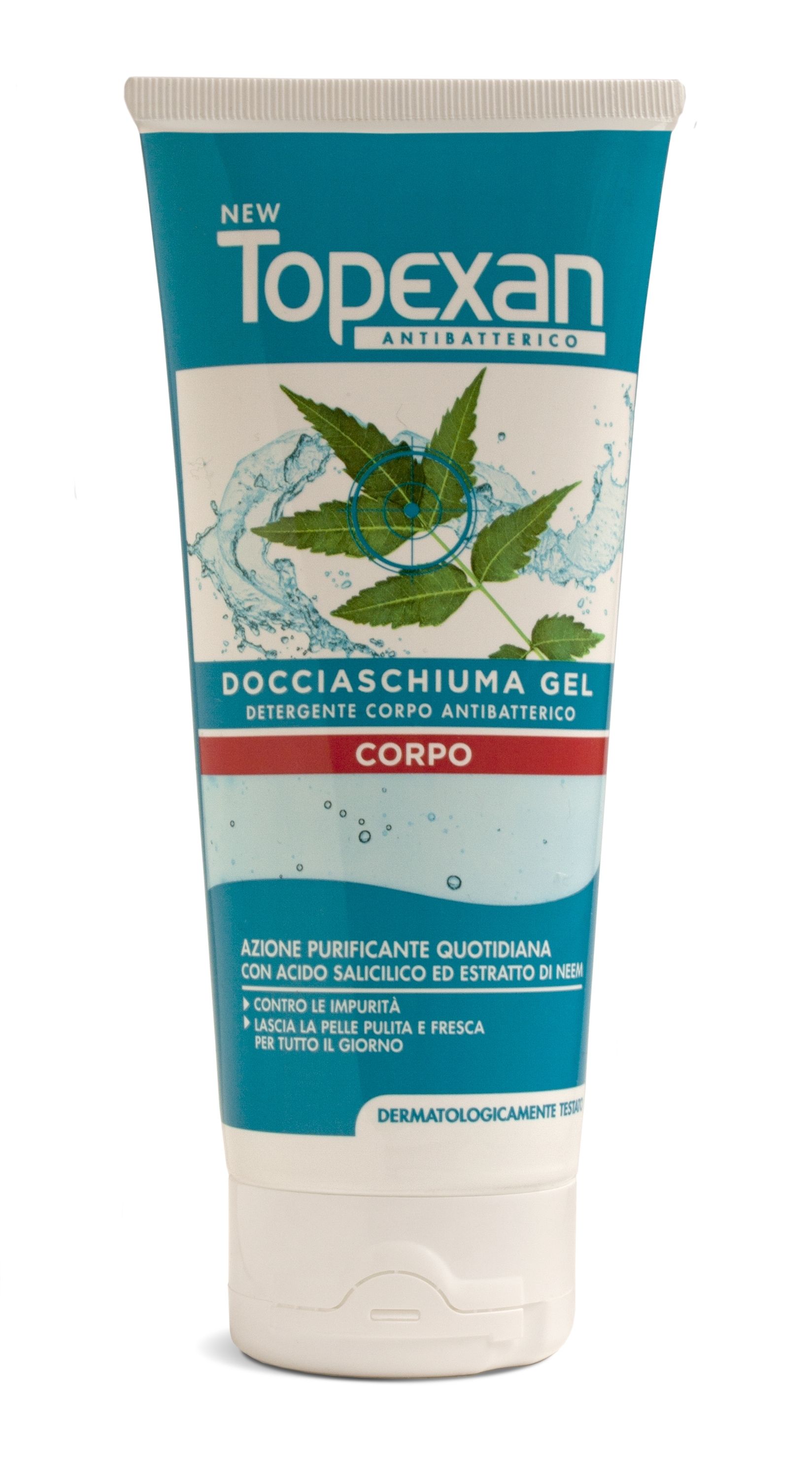 Tubo blu e bianco. Scritta: New Topexan Antibatterico, Docciaschiuma Gel, Corpo. Illustrazione di foglie e acqua.
