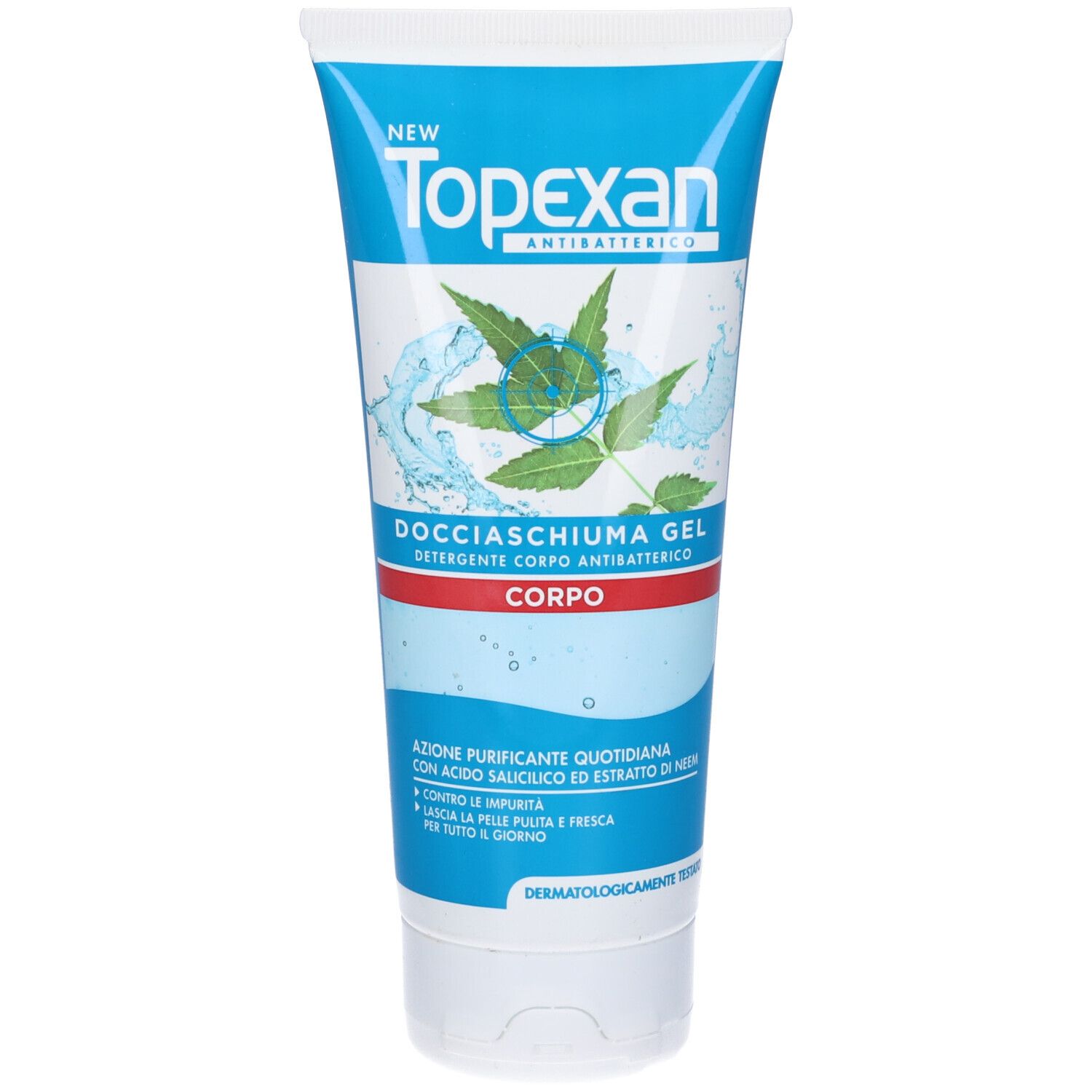 Tubo blu e bianco. Scritta: New Topexan Antibatterico, Docciaschiuma Gel, Corpo. Illustrazione di foglie e acqua.