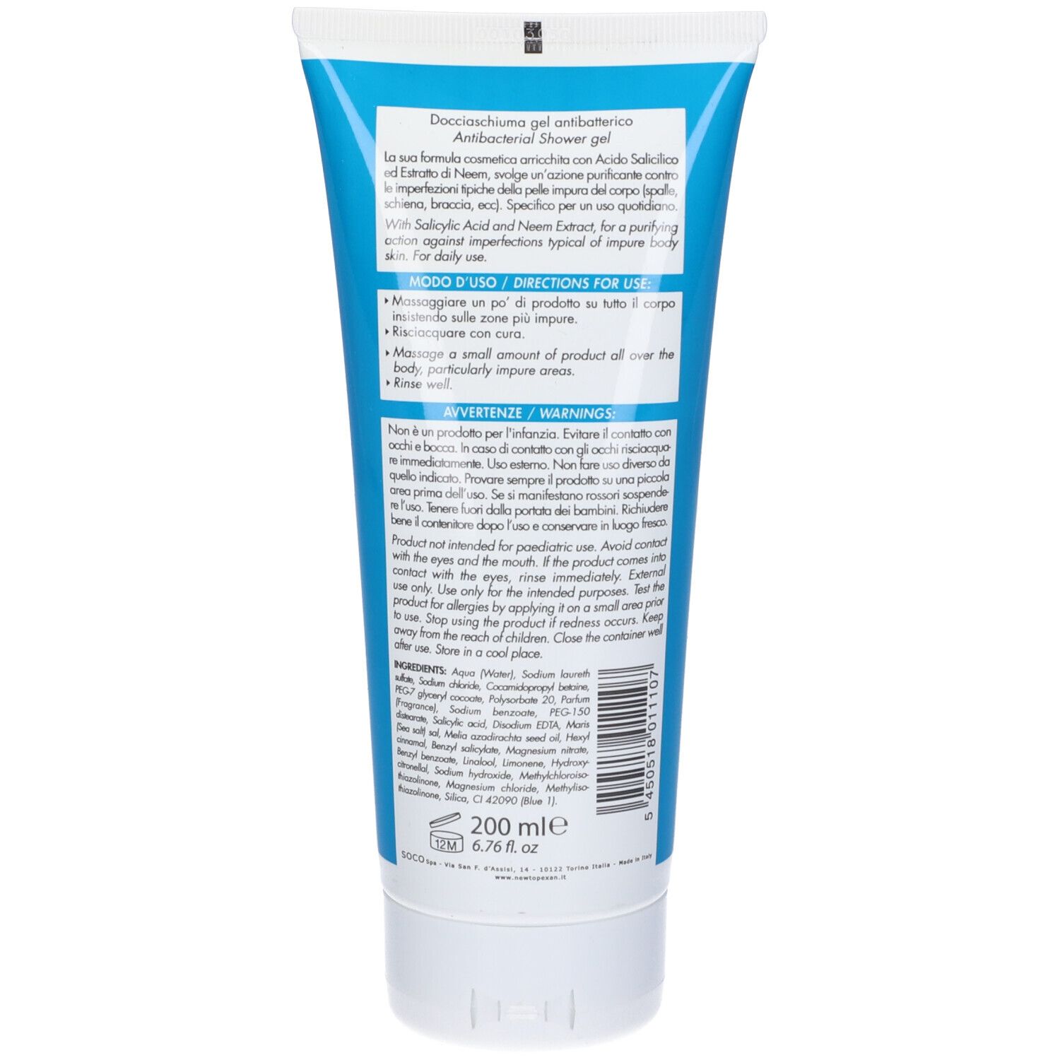 Retro di un tubo. Testo multilingue. Contiene informazioni sugli ingredienti e l'uso. Volume: 200 ml.