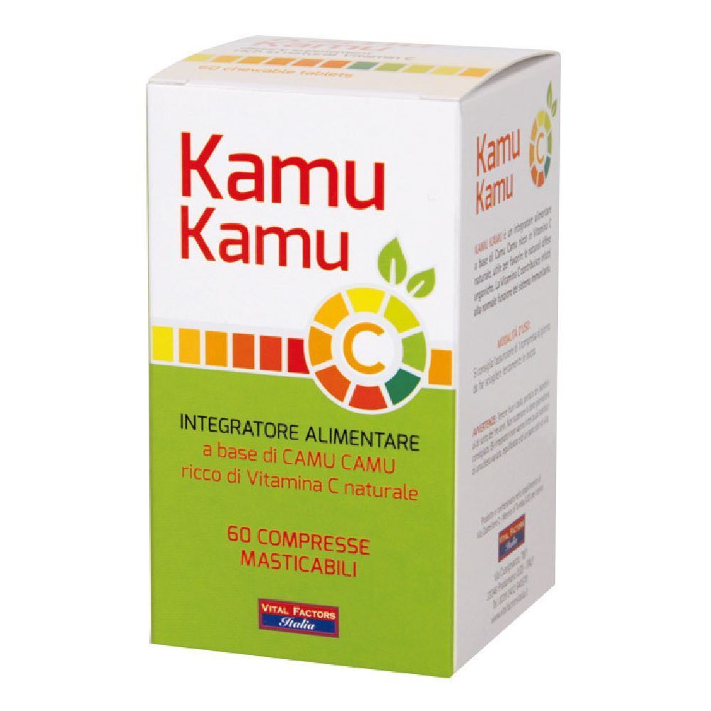 Scatola bianca Kamu Kamu. Contiene 60 compresse masticabili. Logo Vital Factors.
