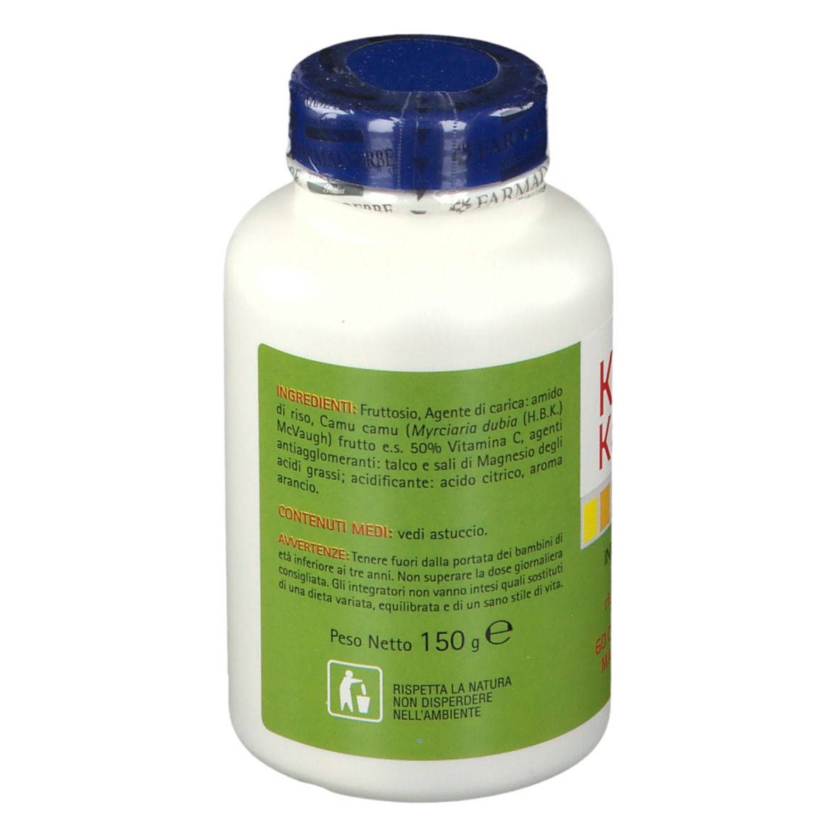 Flacone bianco, tappo blu. Retro con ingredienti. Kamu Kamu. 150g.