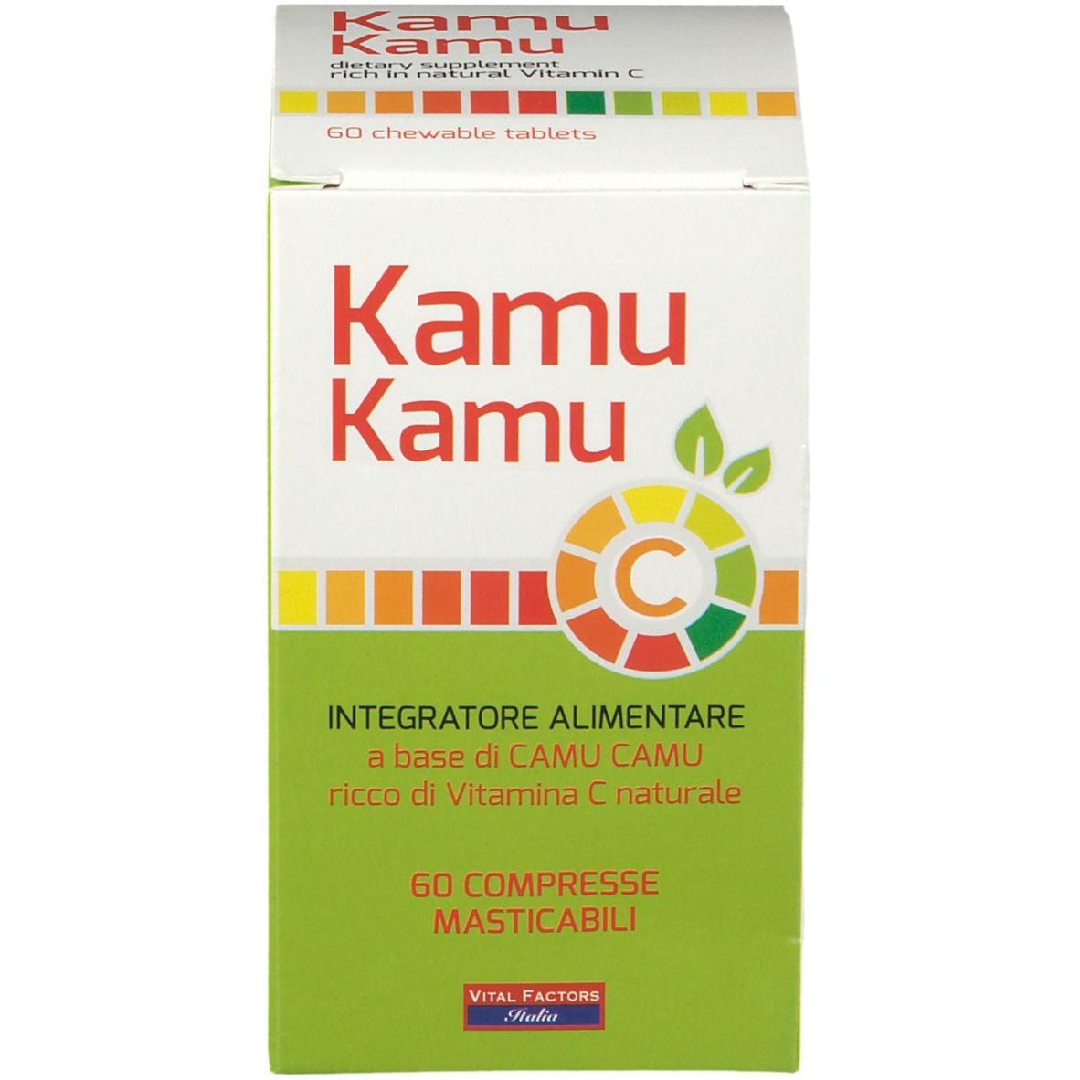 Scatola bianca Kamu Kamu. 60 compresse masticabili. Logo Vital Factors.