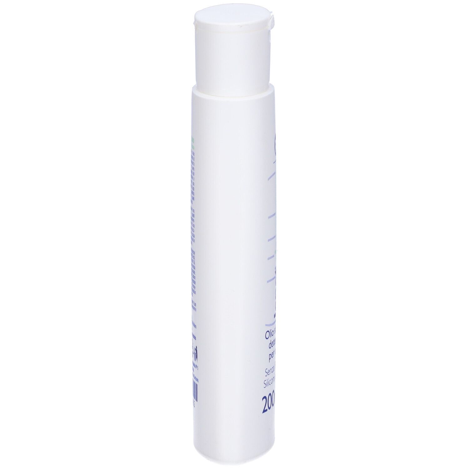Flacone di shampoo bianco, vista laterale. Testo blu. Tappo a ribalta in alto.