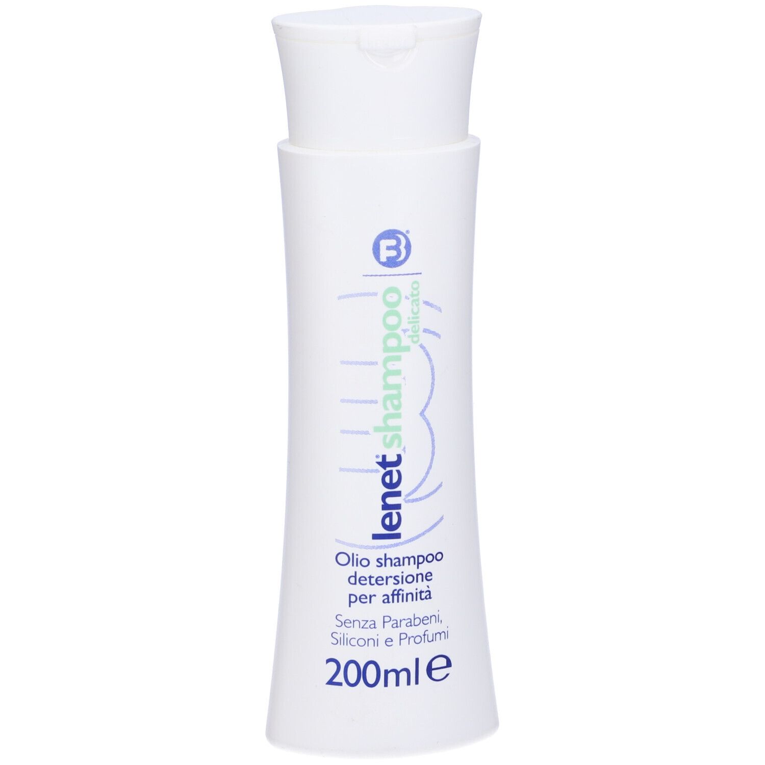 Flacone bianco di shampoo Lenet Delicato. Tappo a ribalta. Scritte blu e verdi. 200ml.