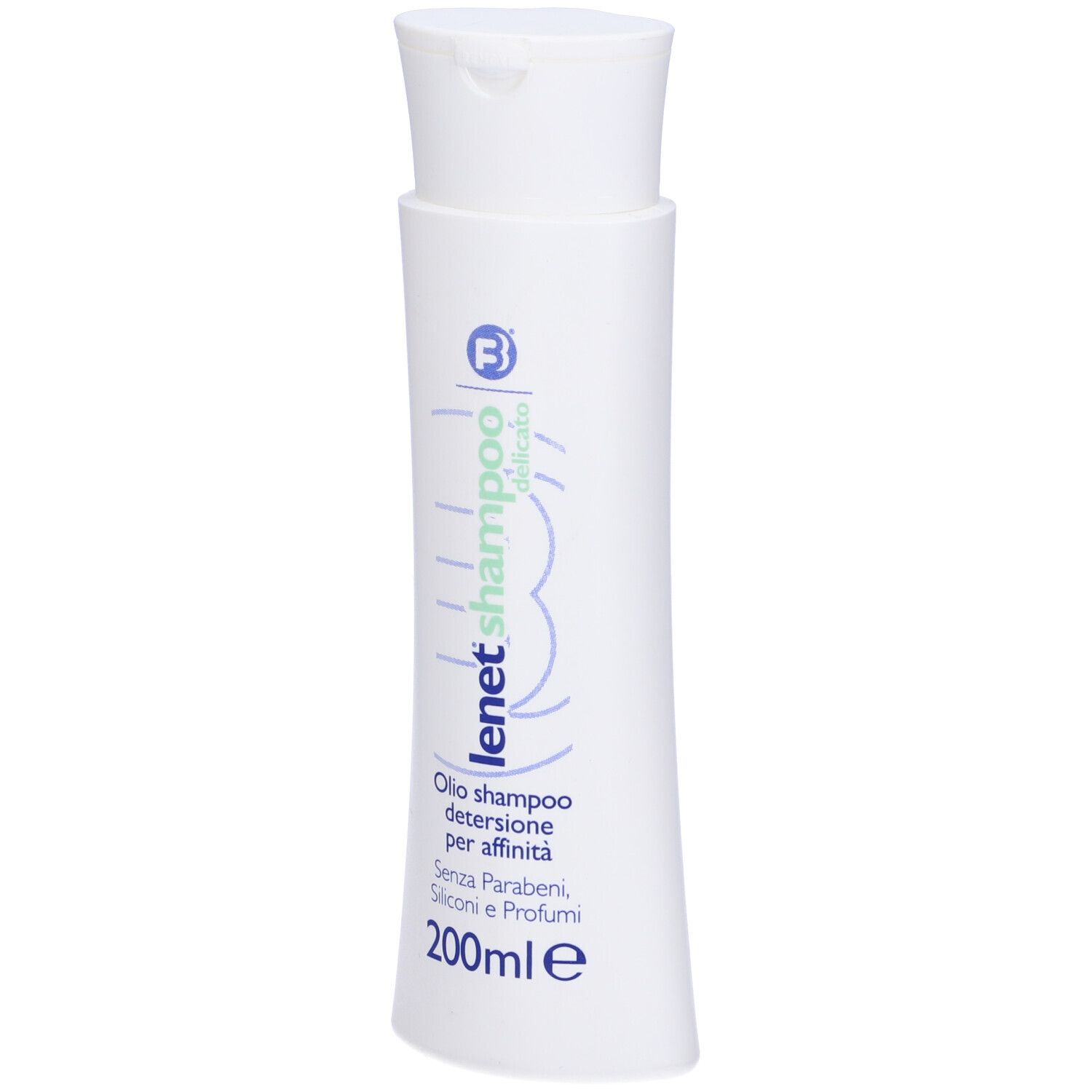 Flacone bianco di shampoo Lenet Delicato. Tappo a ribalta. Scritte blu e verdi. 200ml.