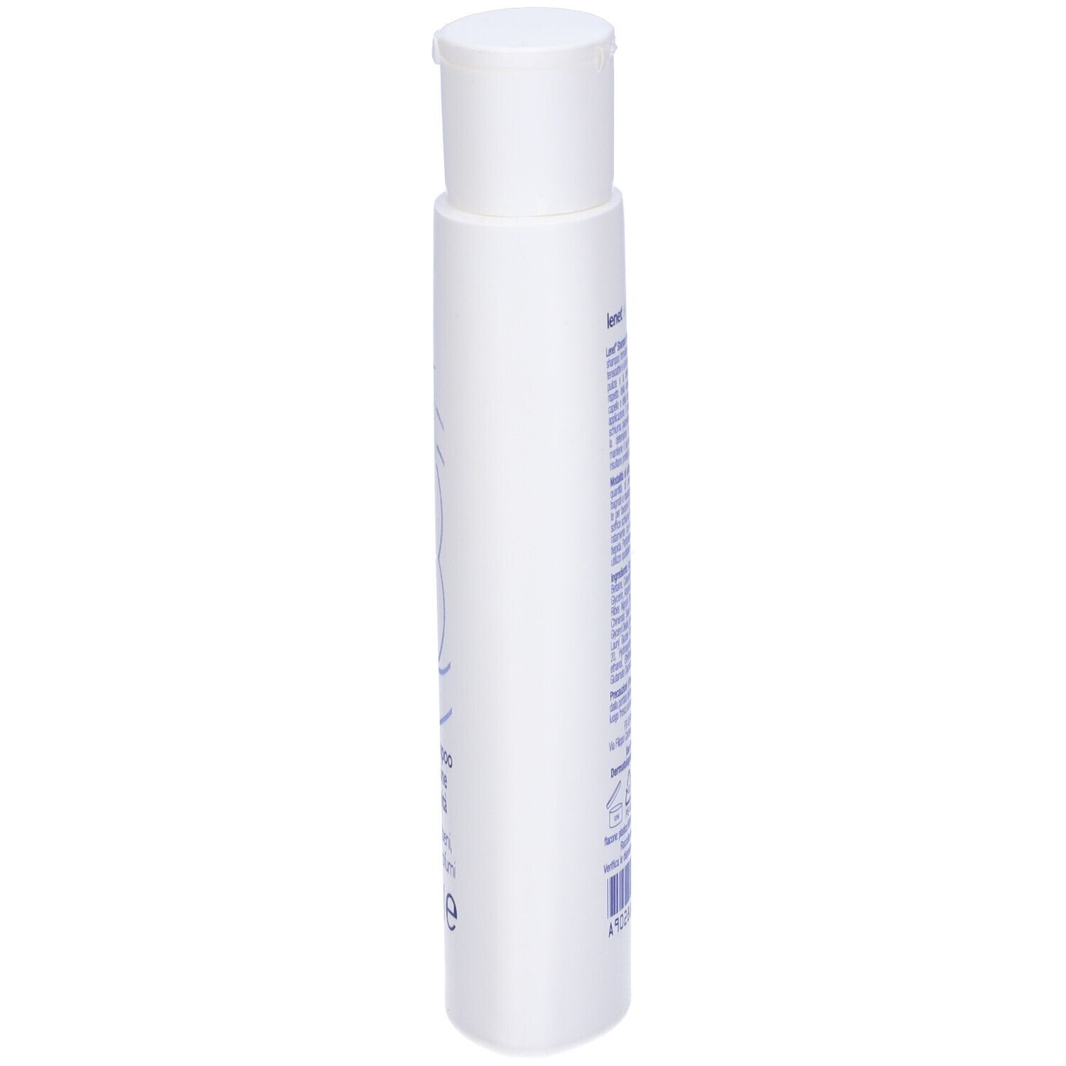 Flacone di shampoo bianco, vista laterale. Testo blu. Tappo a ribalta in alto.