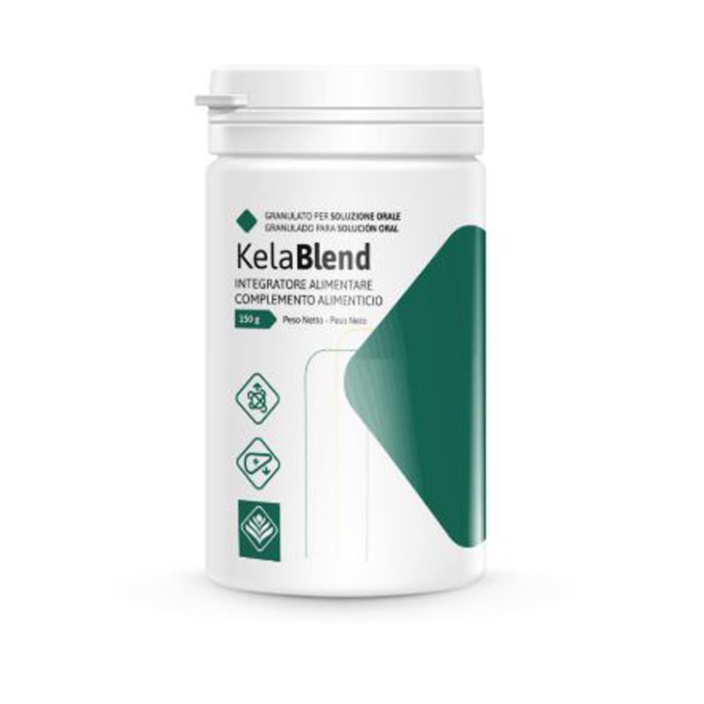 Contenitore bianco cilindrico con coperchio. Scritta: KelaBlend, Integratore Alimentare. Grafica verde e bianca.
