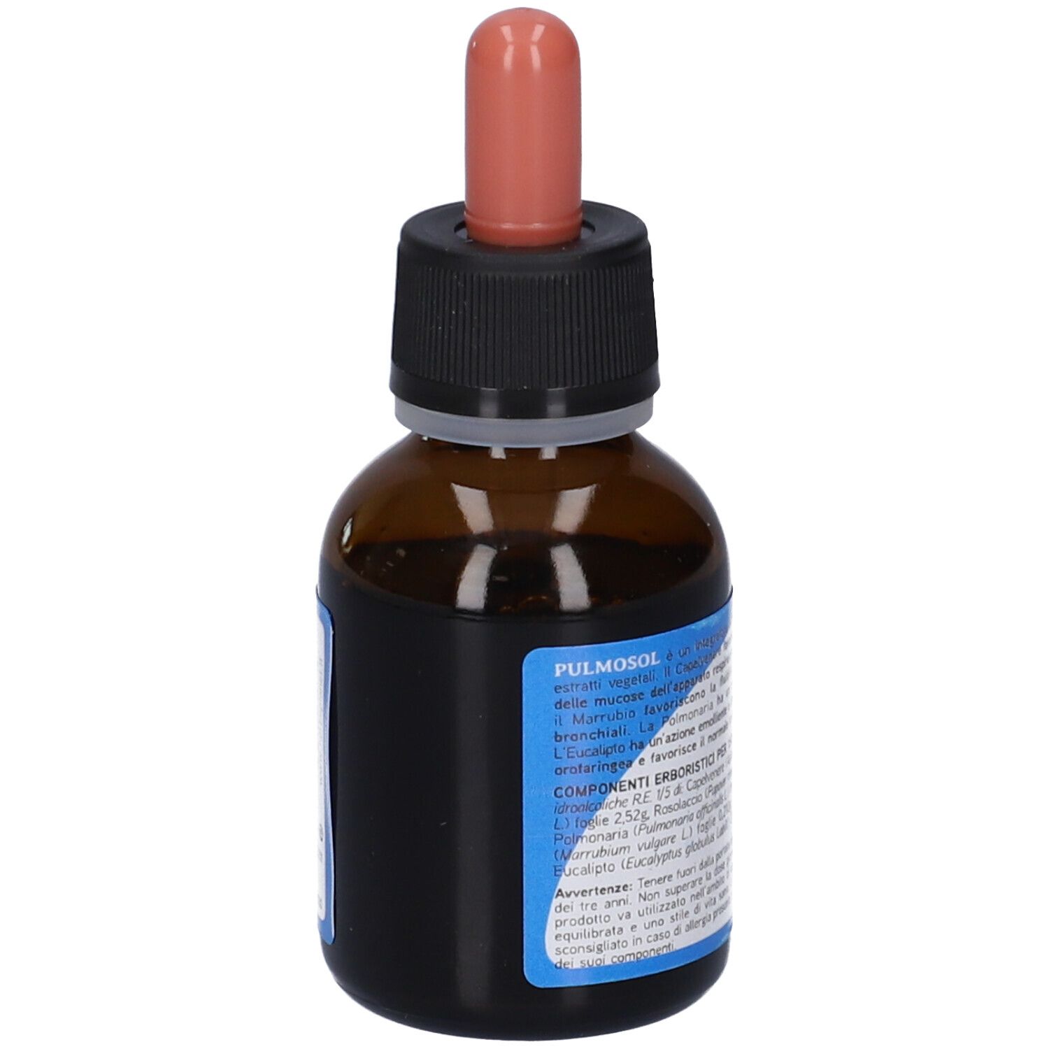 Braune Glasflasche mit Pipettenverschluss, Etikett mit Produktinformationen.