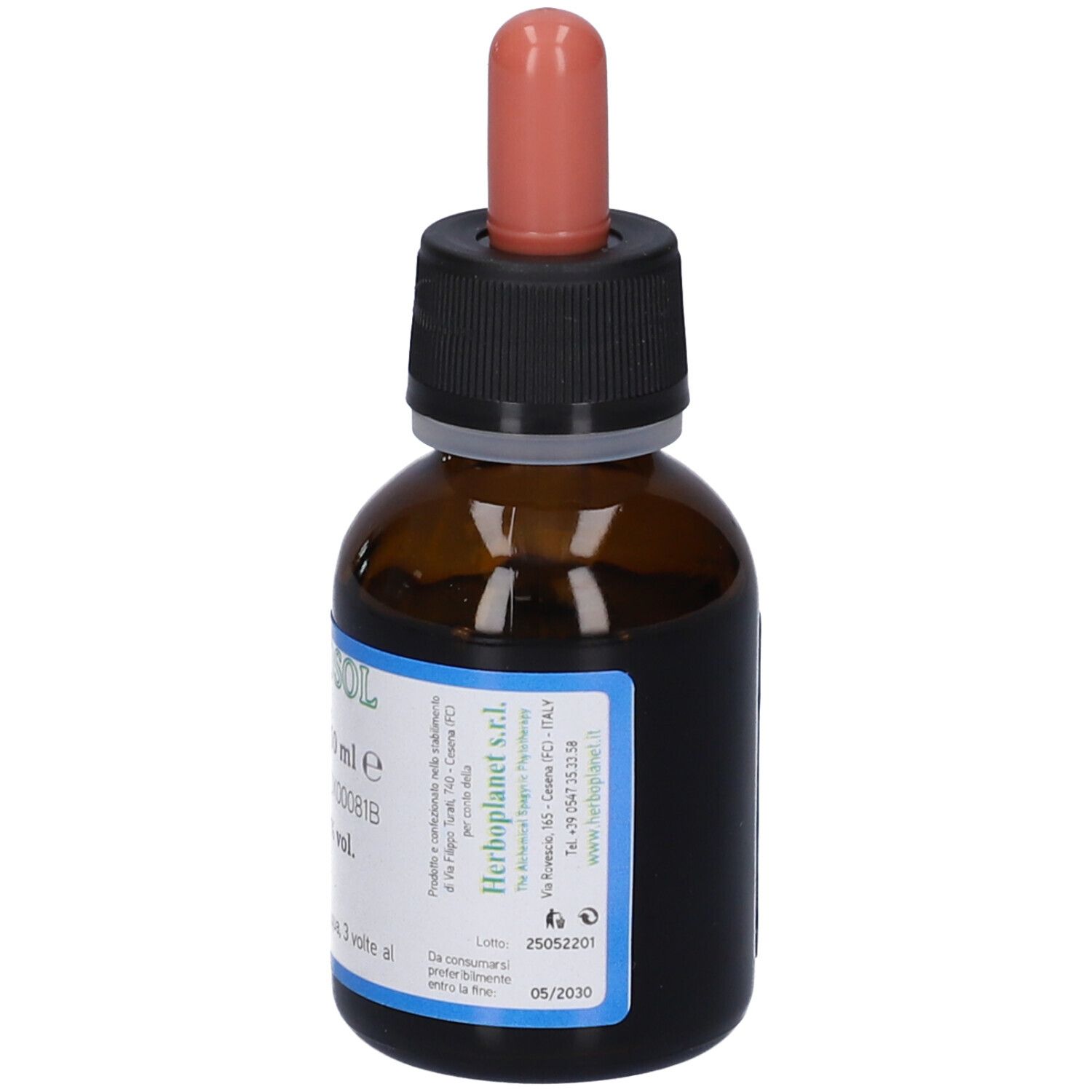 Braune Glasflasche mit Pipettenverschluss, Etikett mit Produktinformationen.
