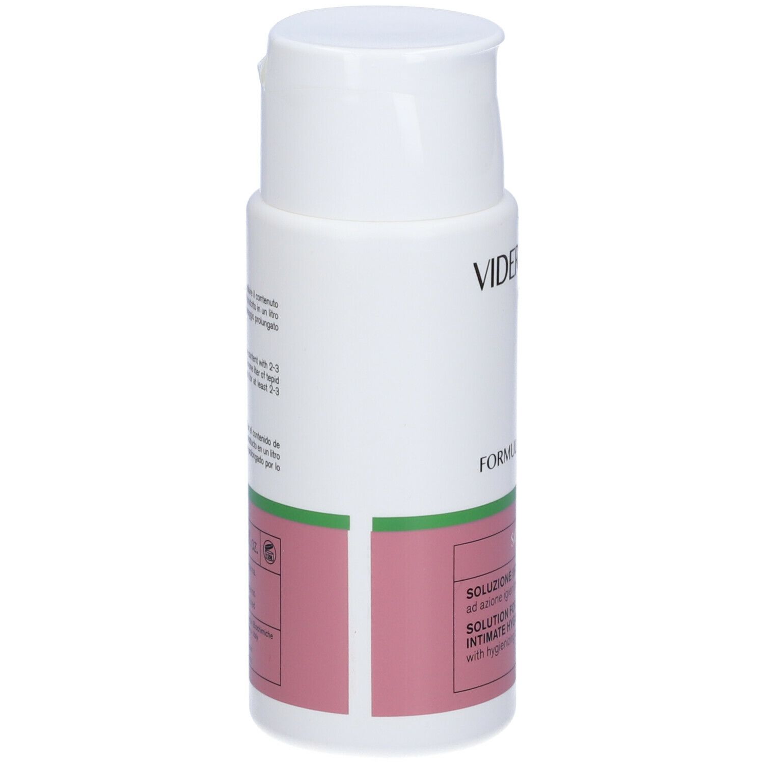 Rückseite einer weißen Flasche mit grünem und rosa Etikett. Text: Soluzione intima, Solution for intimate hygiene.