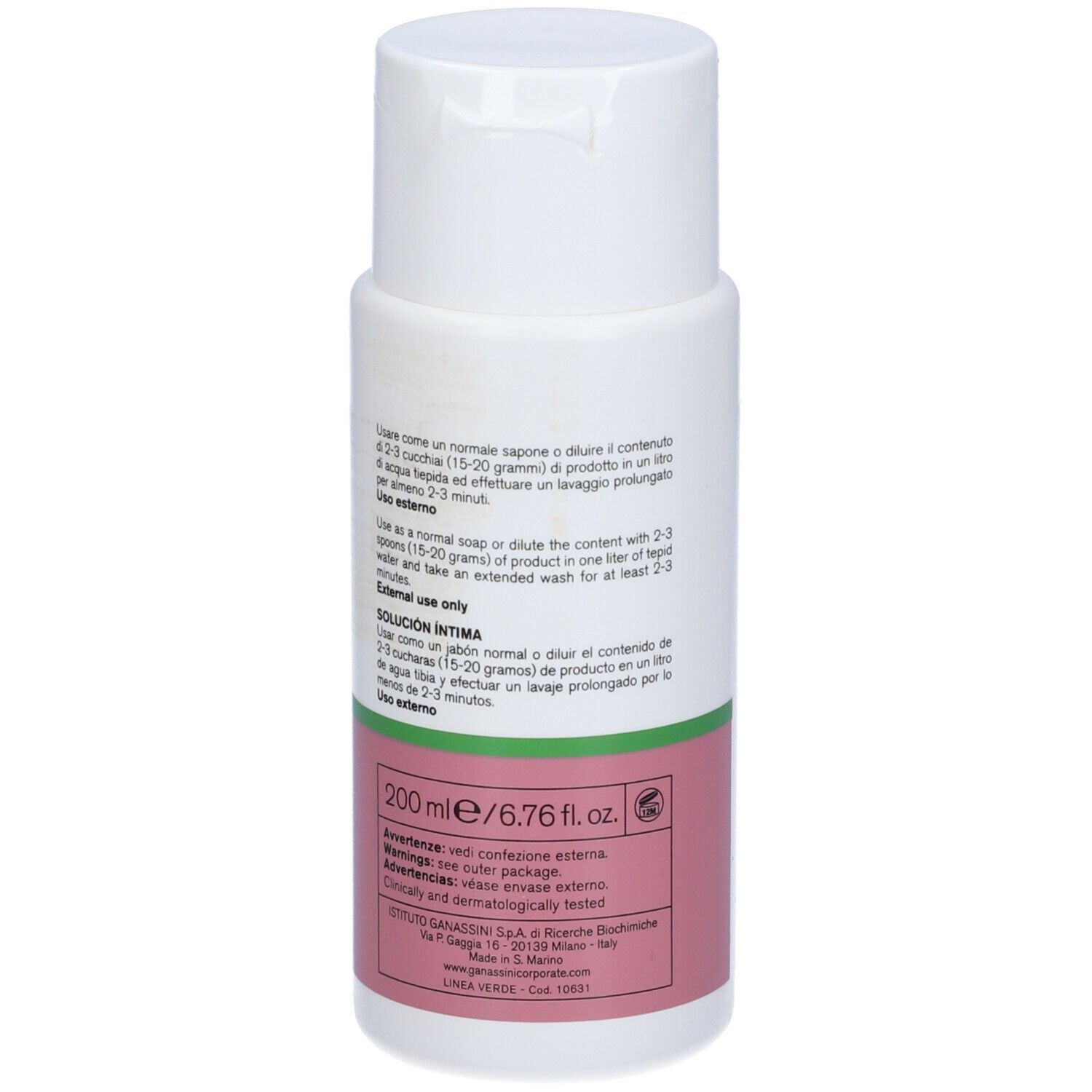 Rückseite einer weißen Flasche mit Text in Deutsch, Italienisch und Englisch. Enthält 200 ml. Für externe Anwendung.