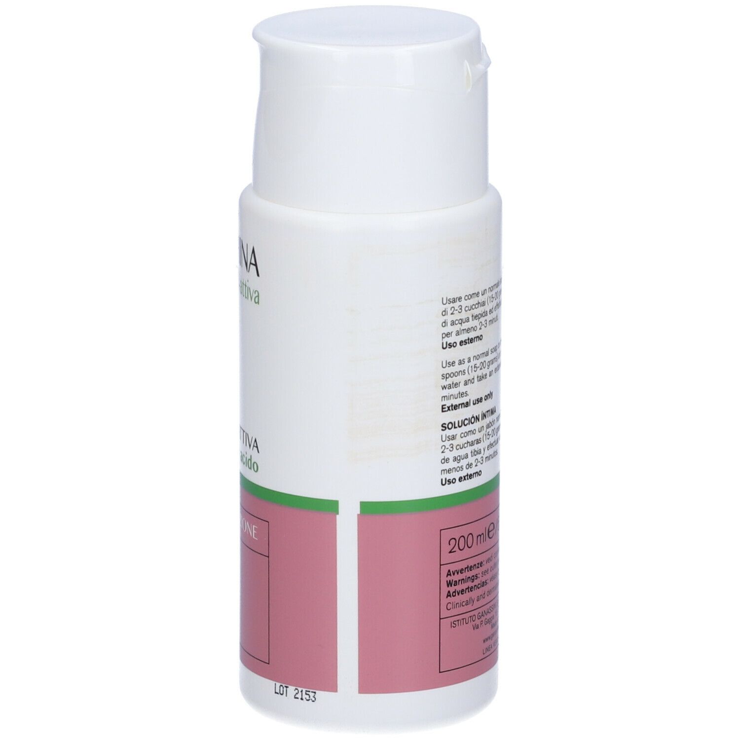 Rückseite einer weißen Flasche mit grünem und rosa Etikett. Text: Soluzione intima, 200 ml.