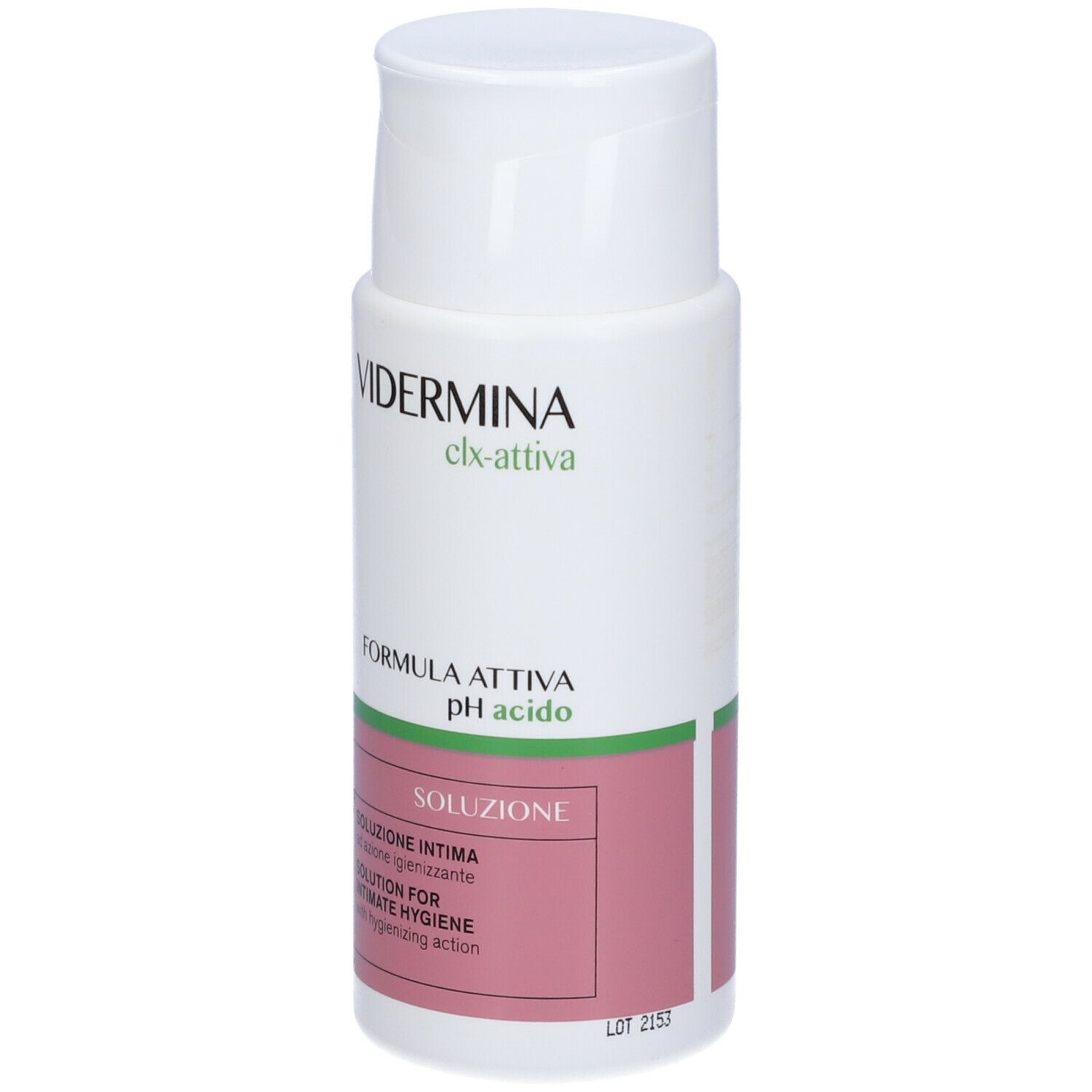 Weiße Flasche mit grünem und rosa Etikett. Aufschrift: Vidermina clx-attiva, pH acido. Lösung für Intimhygiene.