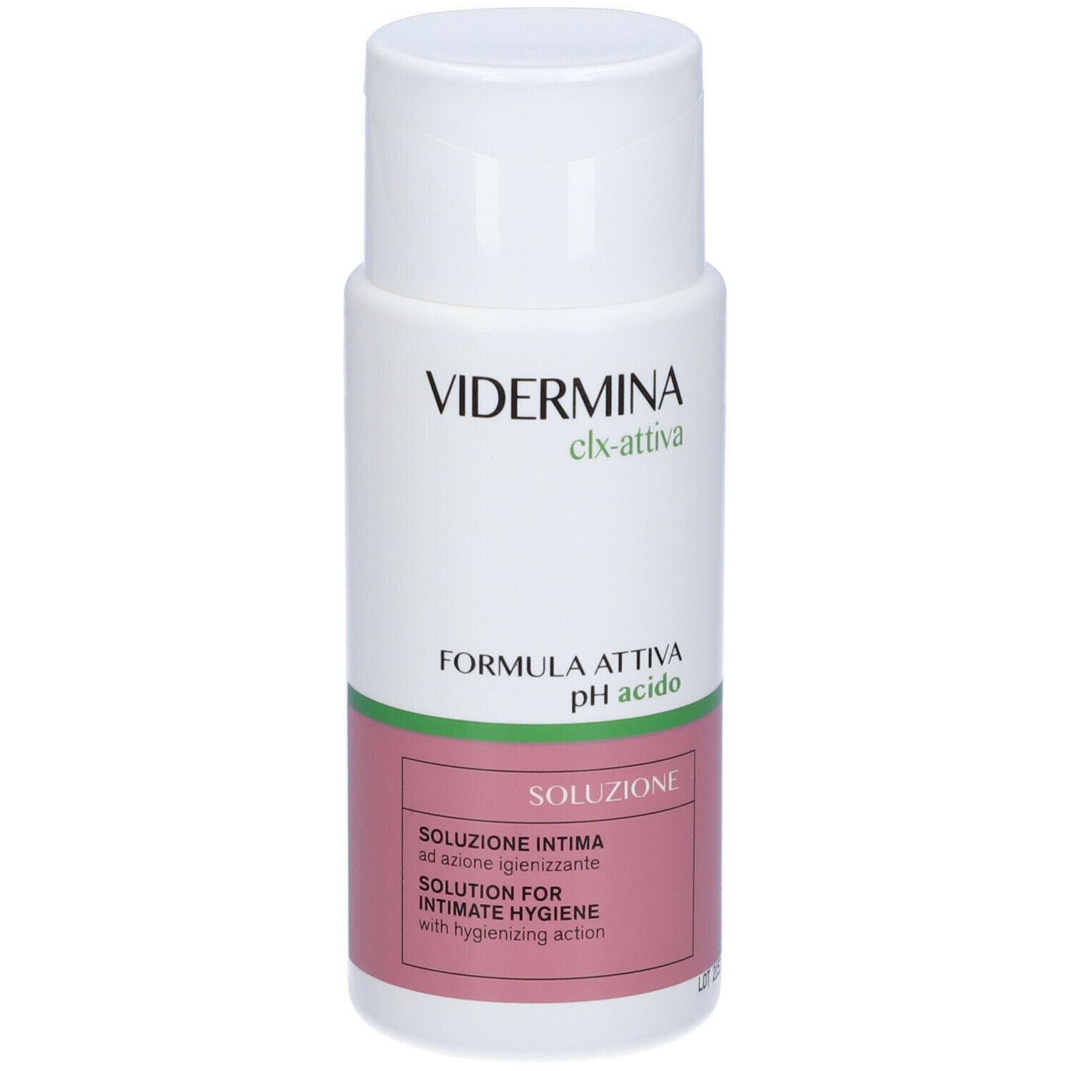 Weiße Flasche mit grünem und rosa Etikett. Aufschrift: Vidermina clx-attiva, pH acido. Lösung für Intimhygiene.