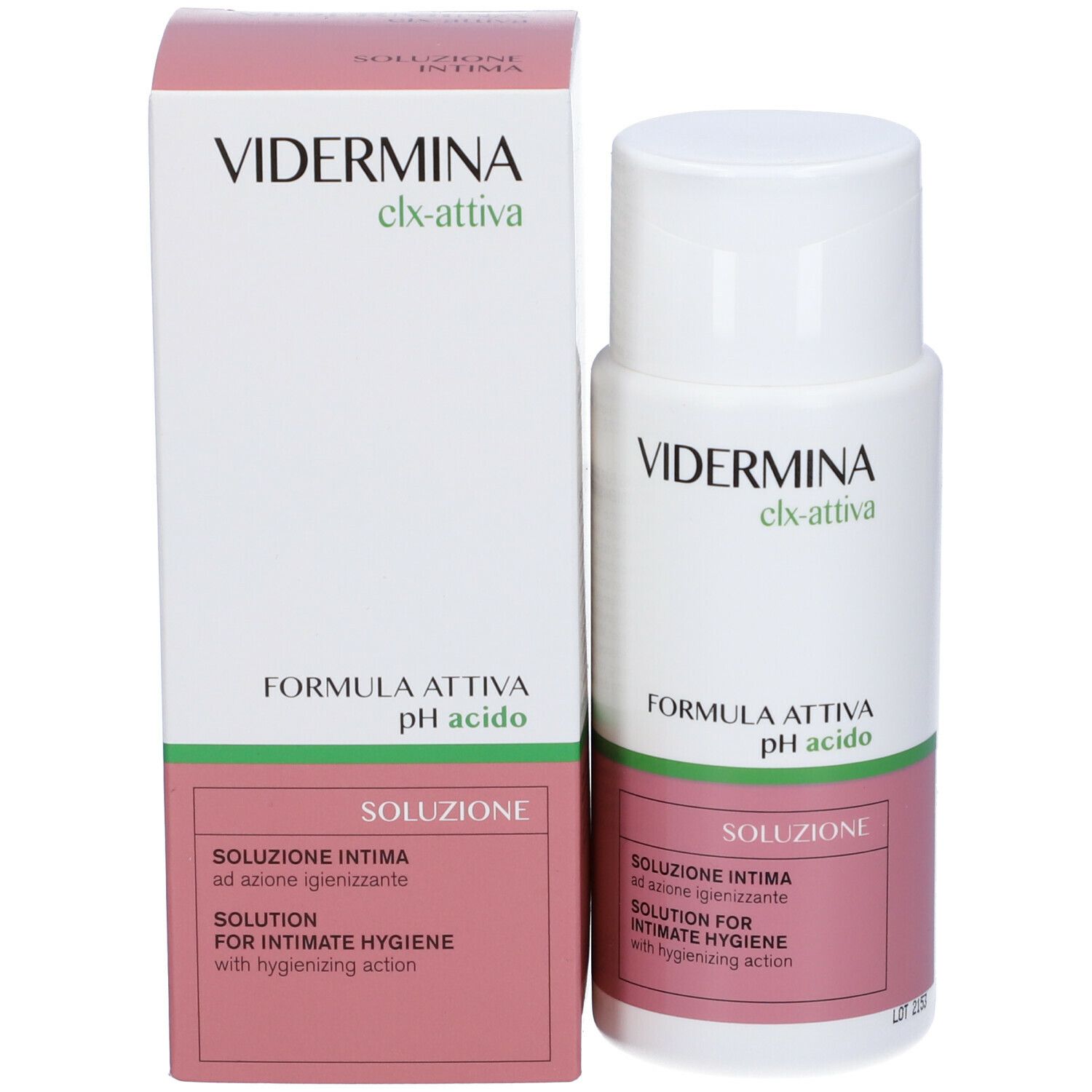 Produktverpackung mit Flasche und Karton. Aufschrift: Vidermina clx-attiva, pH acido. Lösung für Intimhygiene.