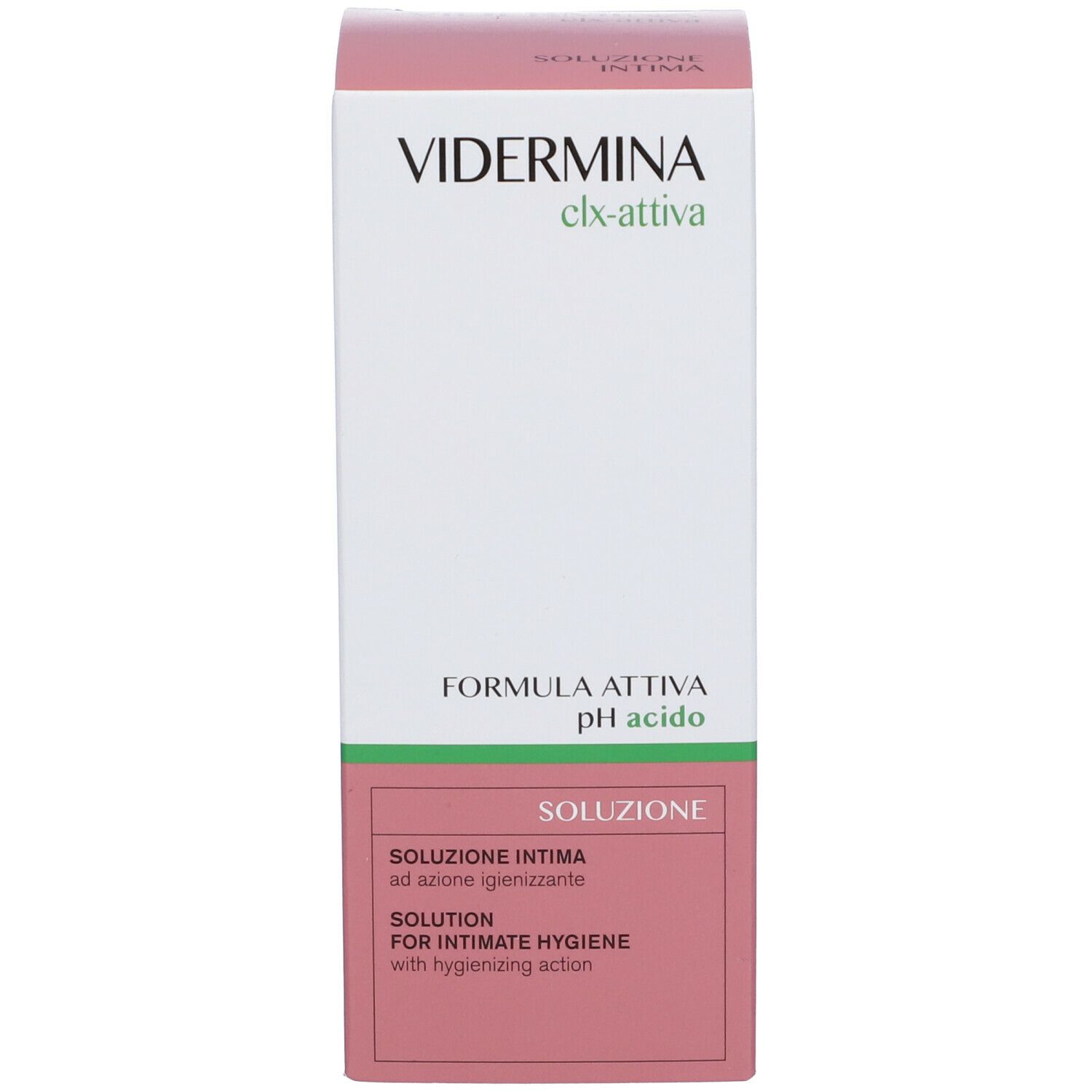 Kartonverpackung mit Aufschrift: Vidermina clx-attiva, pH acido. Lösung für Intimhygiene.