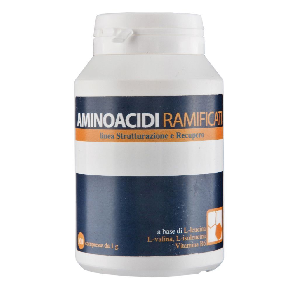 Flacone bianco con etichetta blu. Scritta: AMINOACIDI RAMIFICATI. Contiene L-leucina, L-valina, L-isoleucina e vitamina B6. Compresse.