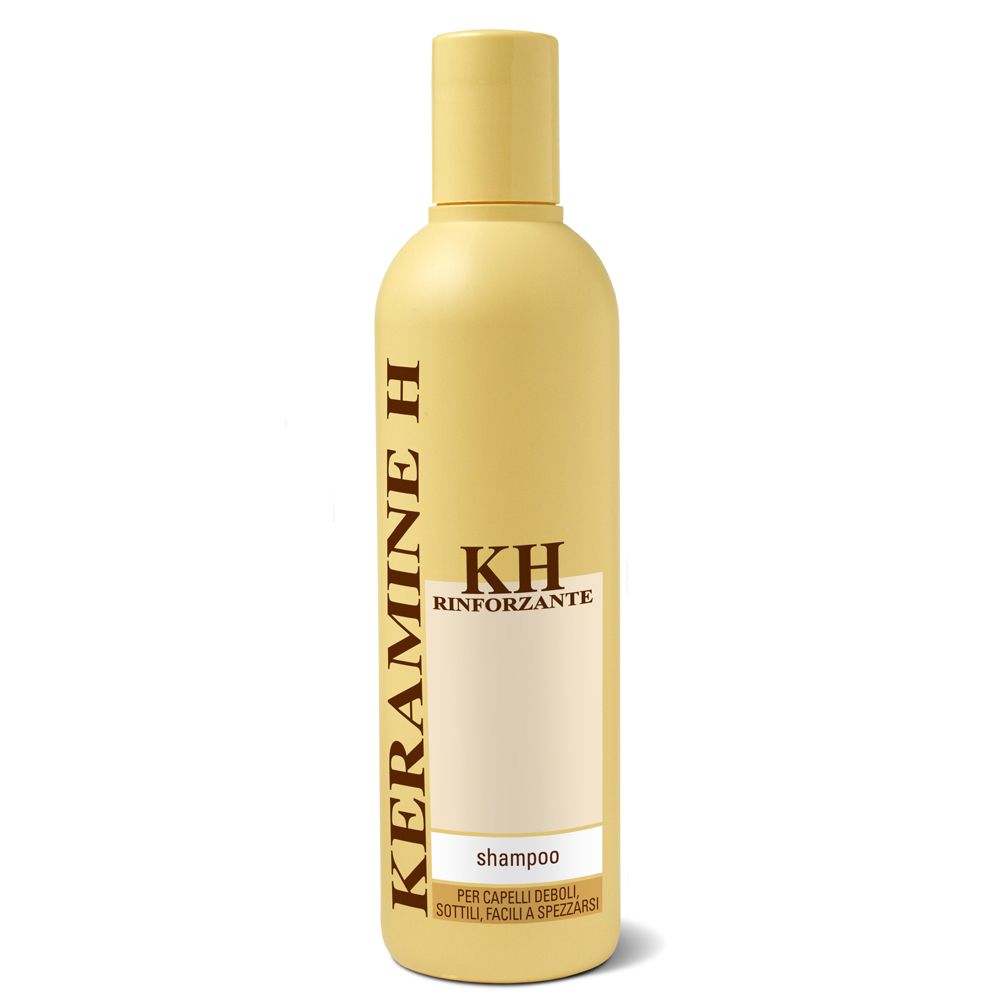 Flacone di shampoo beige con scritta marrone Keramine H e KH Rinforzante. Scritta: Shampoo.