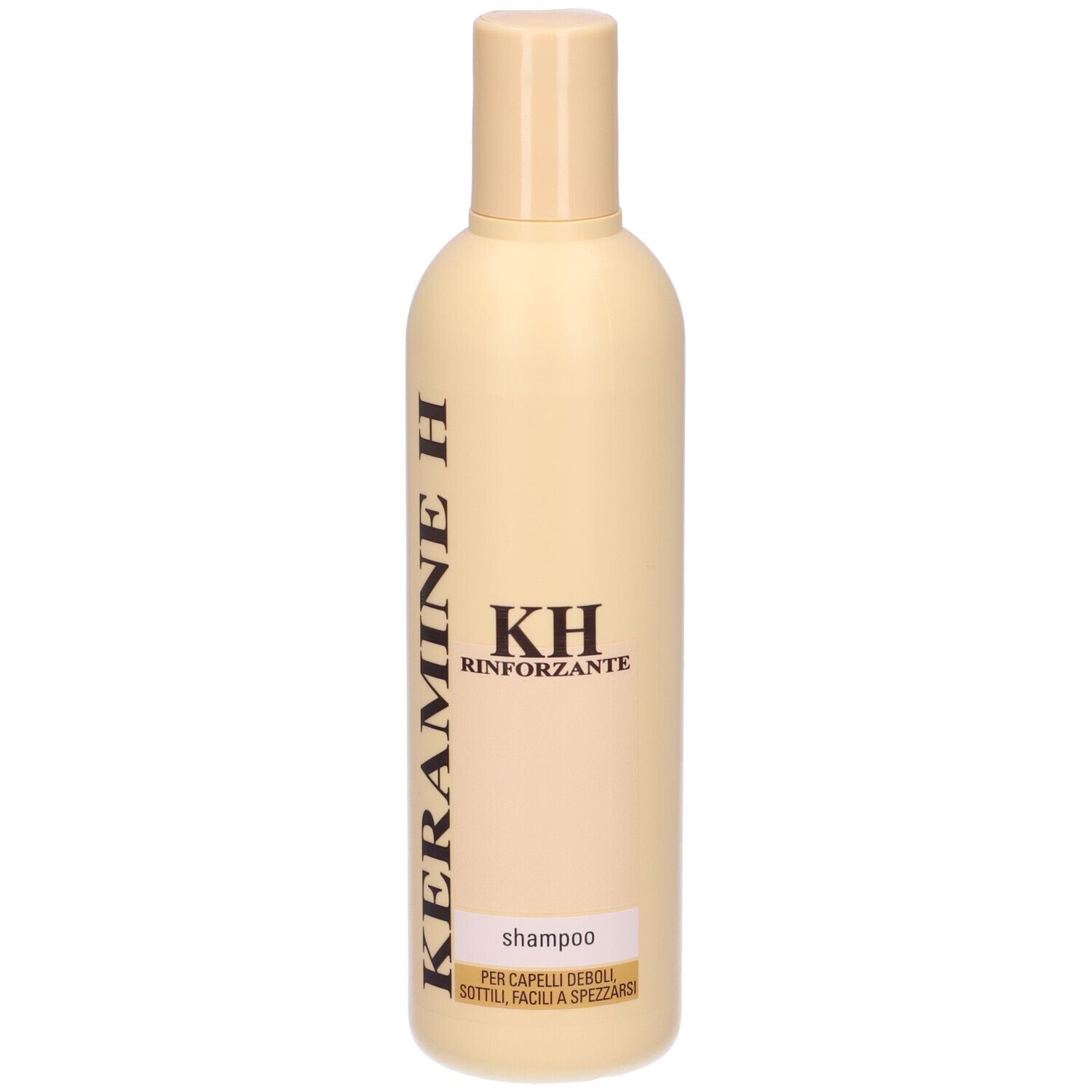 Flacone di shampoo beige con scritta marrone Keramine H e KH Rinforzante. Scritta: Shampoo.