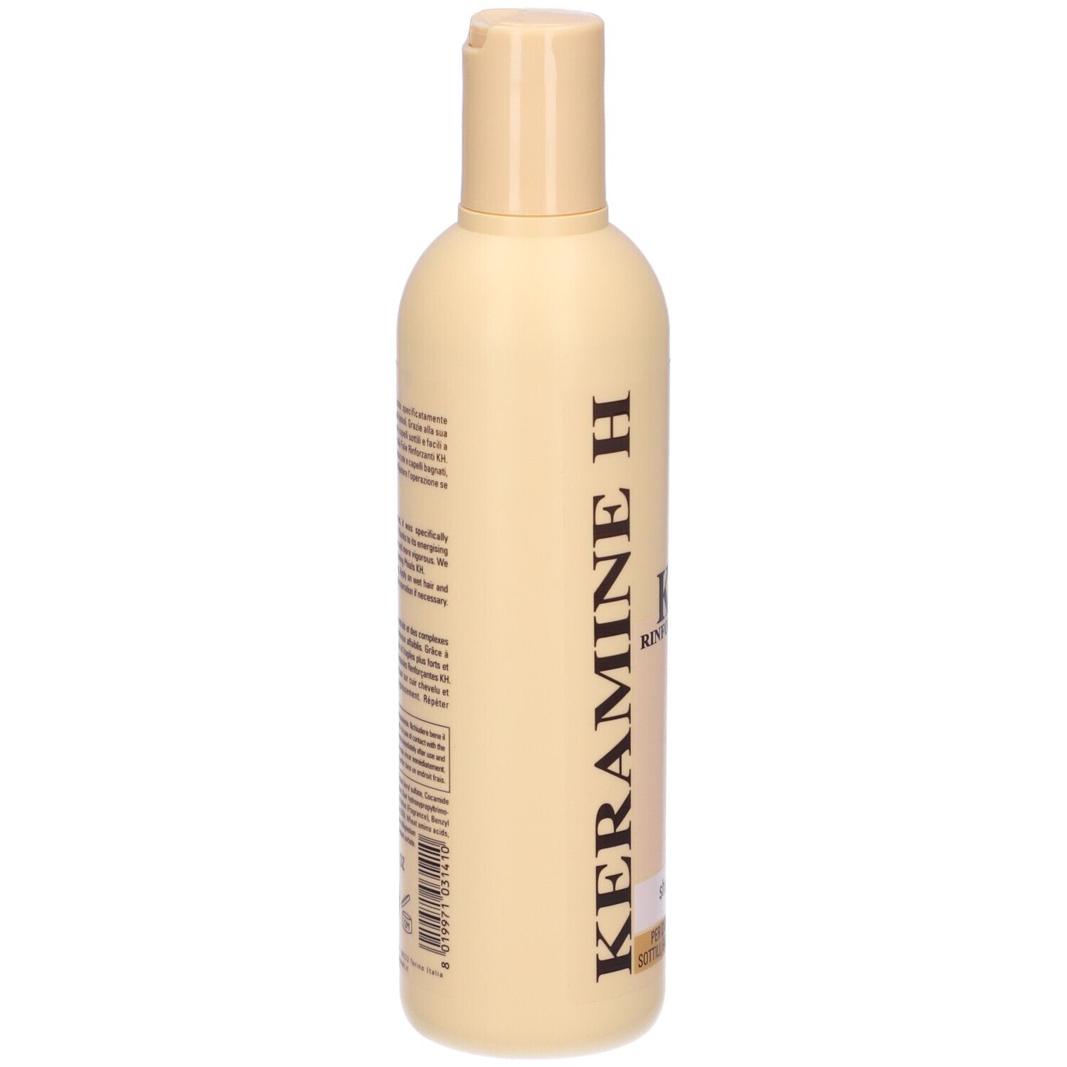 Flacone di shampoo beige con scritta marrone Keramine H e KH Rinforzante. Scritta: Shampoo.