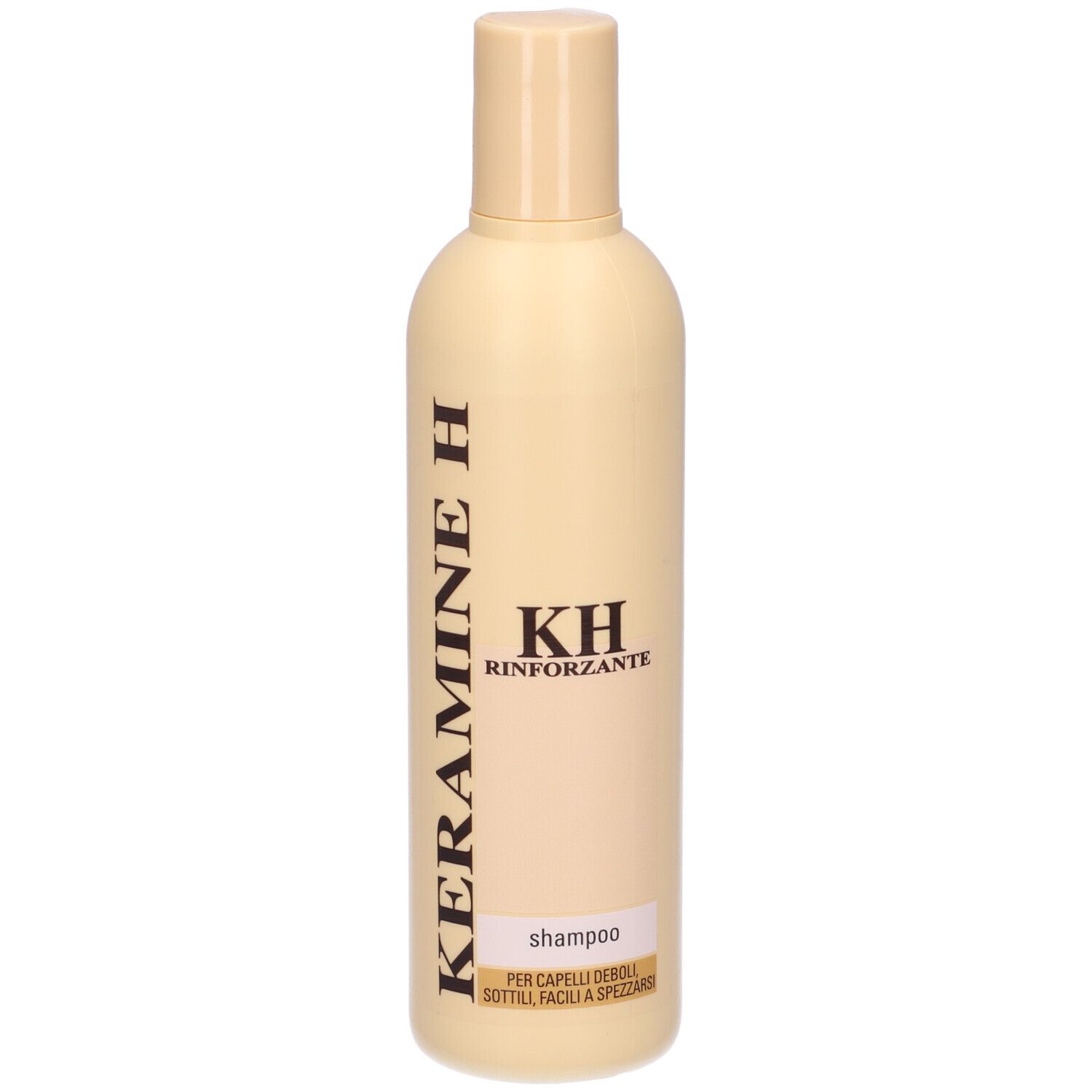 Flacone di shampoo beige con scritta marrone Keramine H e KH Rinforzante. Scritta: Shampoo.