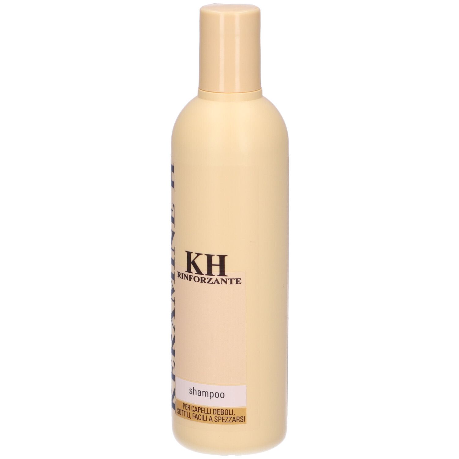 Flacone di shampoo beige con scritta marrone Keramine H e KH Rinforzante. Scritta: Shampoo.