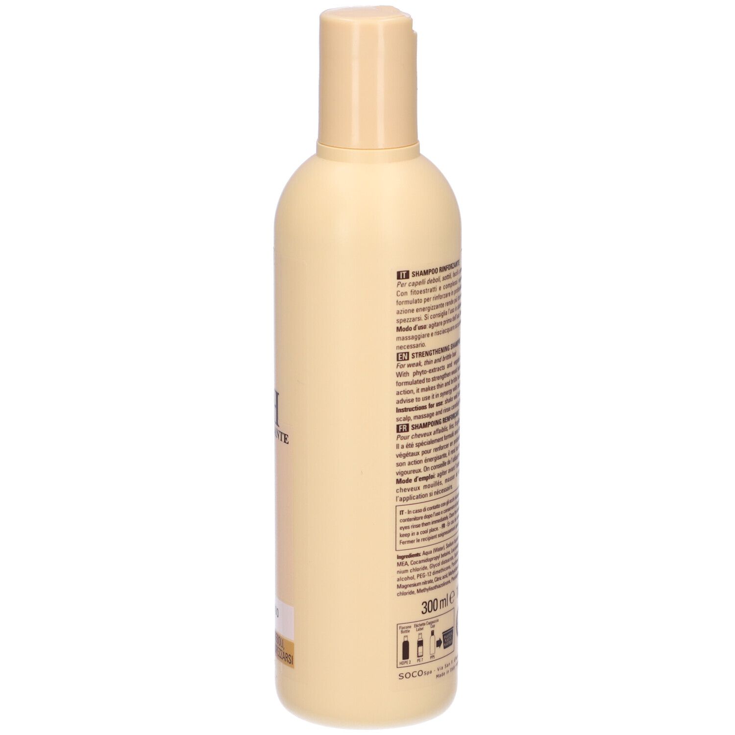 Flacone di shampoo beige con testo ed etichetta. Retro con testo multilingue e logo.
