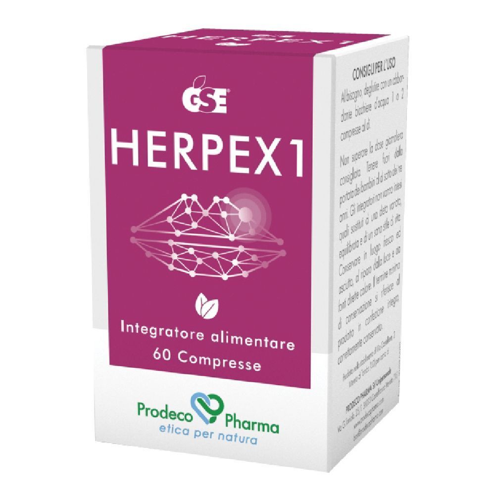 Scatola di GSE Herpex1. Scritta Herpex1, 60 compresse, Integratore alimentare. Marchio Prodeco Pharma.