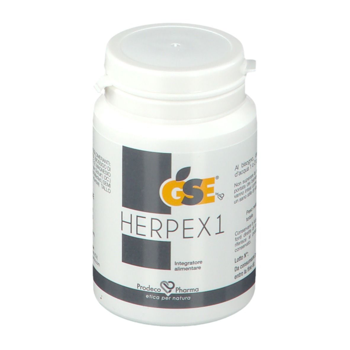 Flacone bianco con GSE Herpex1. Scritta Herpex1, Integratore alimentare. Marchio Prodeco Pharma. Coperchio bianco.