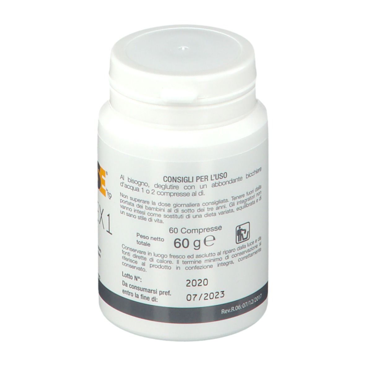 Flacone bianco con GSE Herpex1. Scritta Herpex1, Integratore alimentare. Marchio Prodeco Pharma. Coperchio bianco.