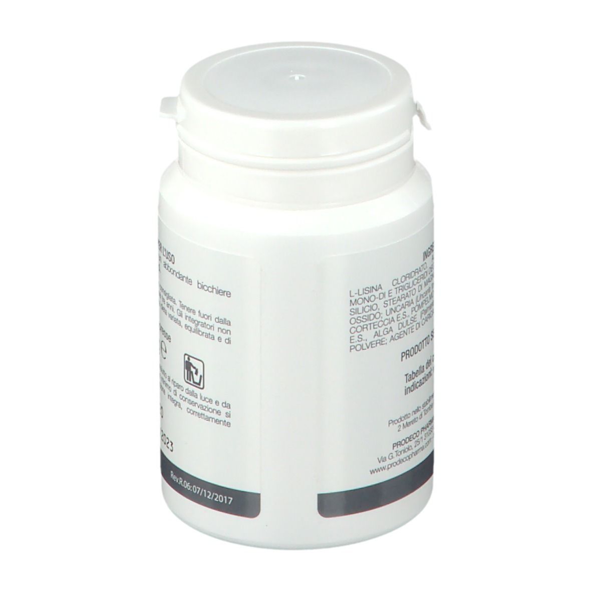 Flacone bianco con GSE Herpex1. Scritta Herpex1, Integratore alimentare. Marchio Prodeco Pharma. Coperchio bianco.