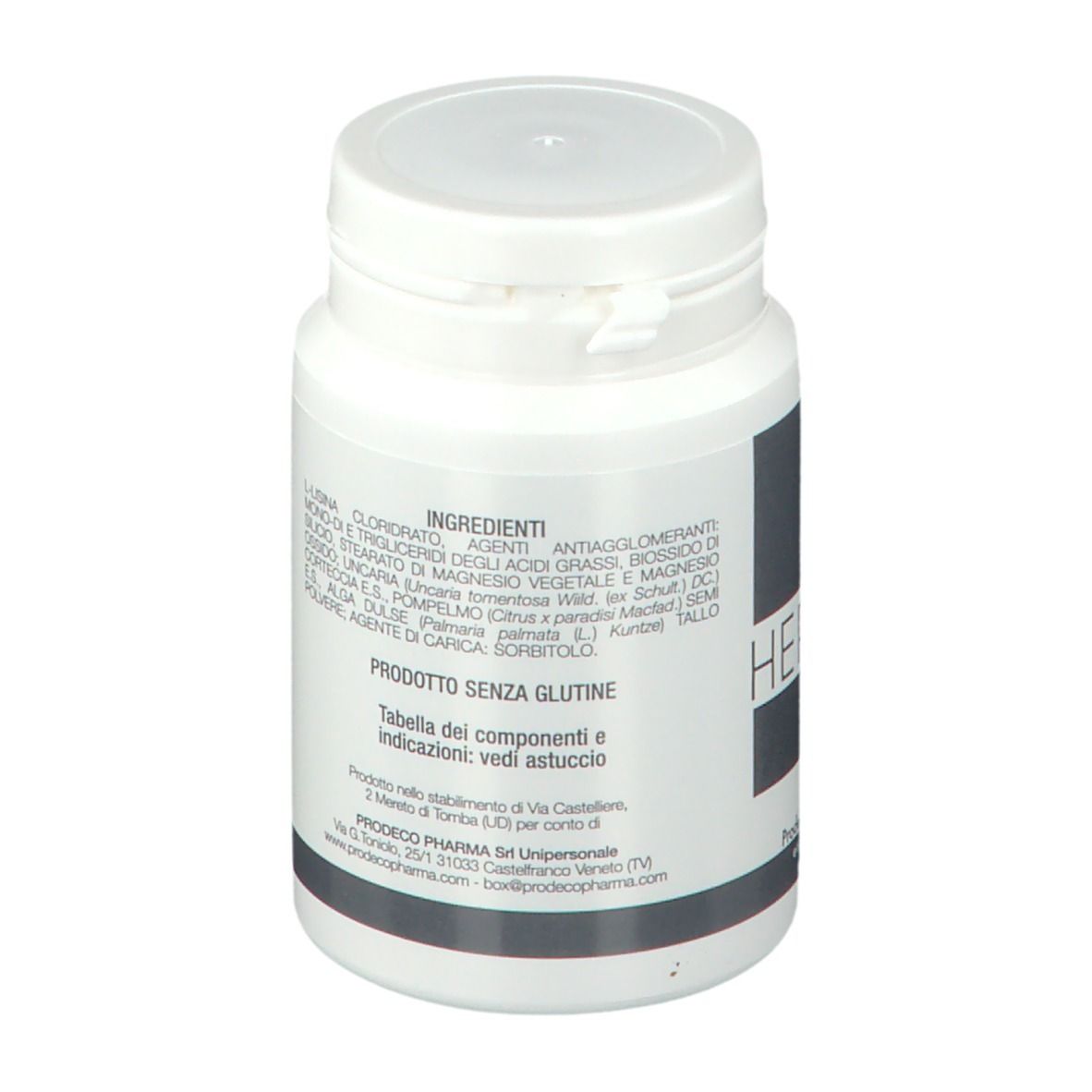 Flacone bianco con GSE Herpex1. Scritta Herpex1, Integratore alimentare. Marchio Prodeco Pharma. Coperchio bianco.