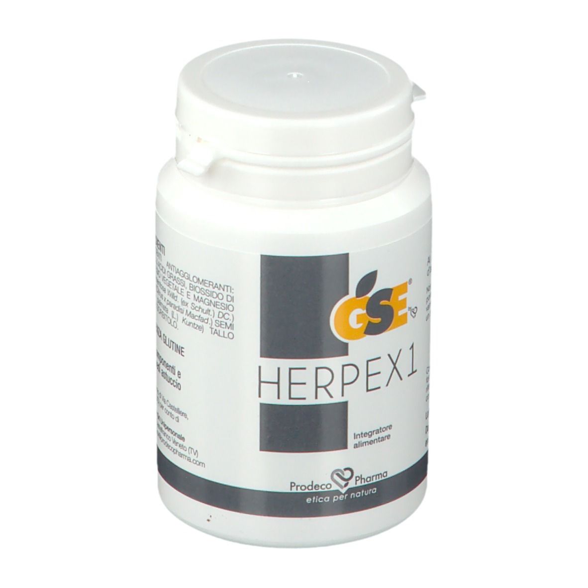 Flacone bianco con GSE Herpex1. Scritta Herpex1, Integratore alimentare. Marchio Prodeco Pharma. Coperchio bianco.