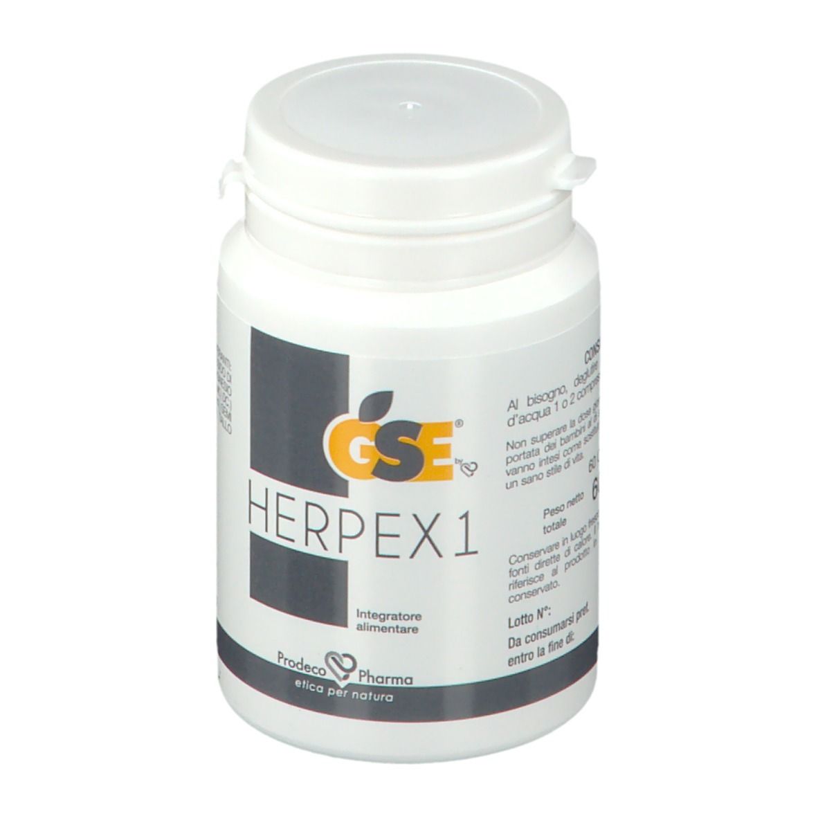 Flacone bianco con GSE Herpex1. Scritta Herpex1, Integratore alimentare. Marchio Prodeco Pharma. Coperchio bianco.
