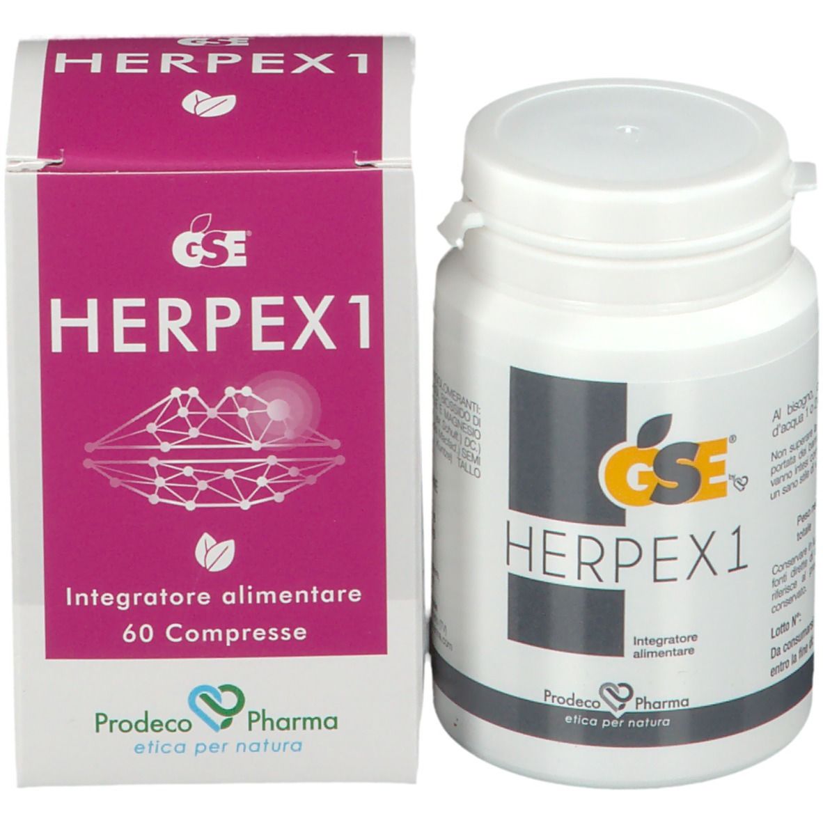 Flacone e scatola GSE Herpex1. Scritta Herpex1, Integratore alimentare, 60 Compresse. Marchio Prodeco Pharma.