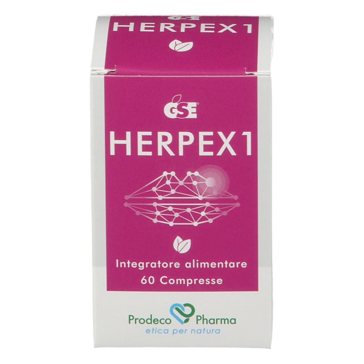 Scatola di GSE Herpex1. Scritta Herpex1, 60 compresse, Integratore alimentare. Marchio Prodeco Pharma.