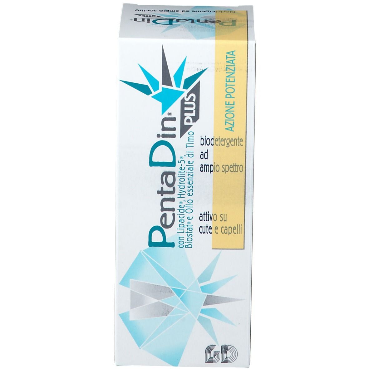 Confezione PentaDin® Plus. Bianco, blu e verde. Testo: 'bio-detergente ad ampio spettro' e 'pH 5.5'.