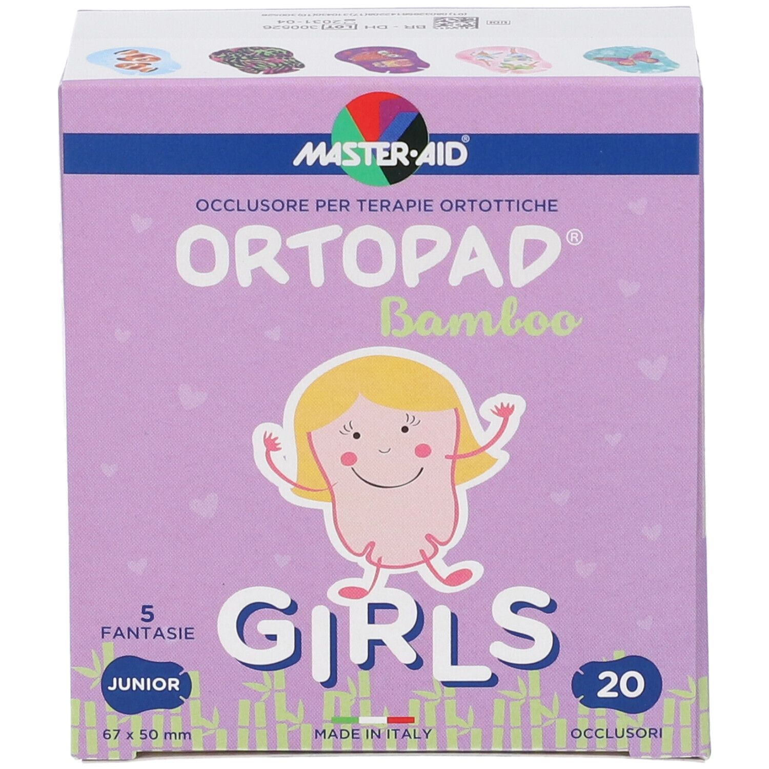 Verpackung Ortòpad Bamboo Junior Girls Okklusionspflaster, lila Karton mit Mädchenabbildung.