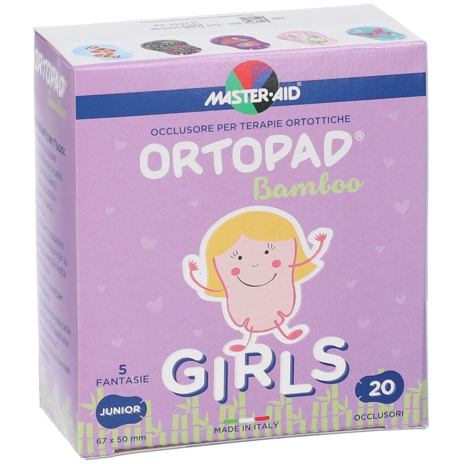 Verpackung Ortòpad Bamboo Junior Girls Okklusionspflaster, lila Karton mit Mädchenabbildung.