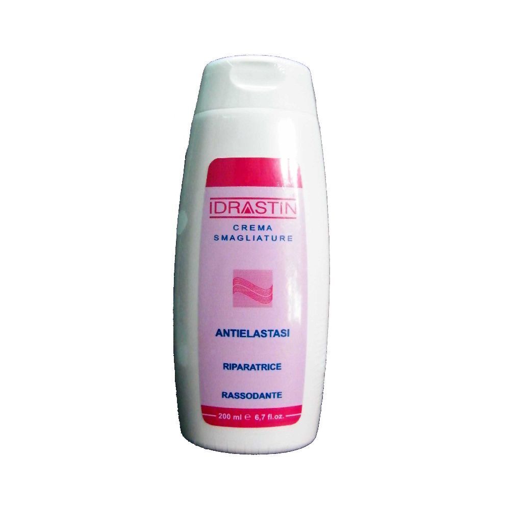 Flacone bianco con etichetta rosa. Scritta: Idrastin Crema Smagliature, Antielastasi, Riparatrice, Rassodante. Volume: 200 ml.