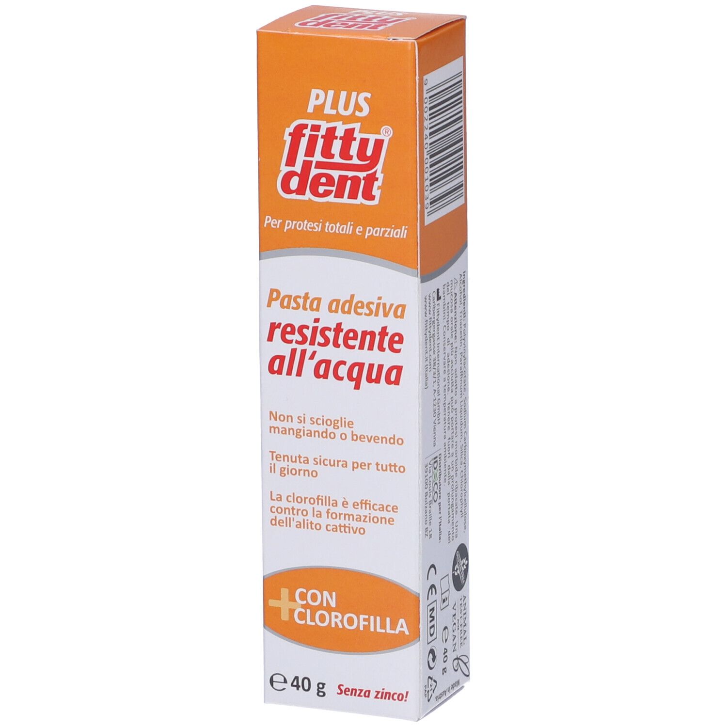 Fitty Dent Plus Pasta Adesiva für Prothesen. Orange-weiße Verpackung. Text: Pasta adesiva resistente all'acqua. Mit Chlorophyll. 40g.