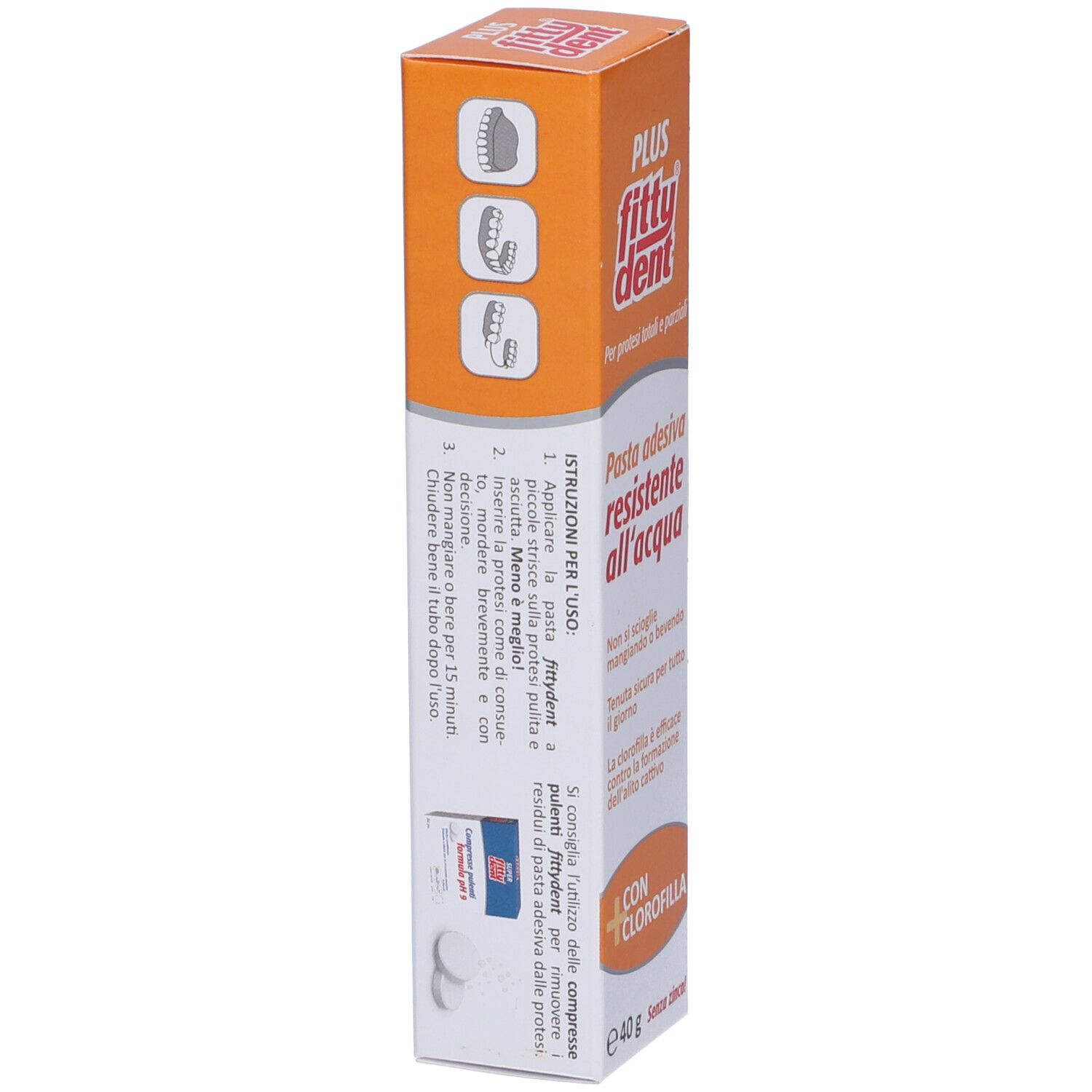Fitty Dent Plus Pasta Adesiva Verpackung. Text: Pasta adesiva resistente all'acqua. Mit Chlorophyll. Gebrauchsanweisung. 40g.